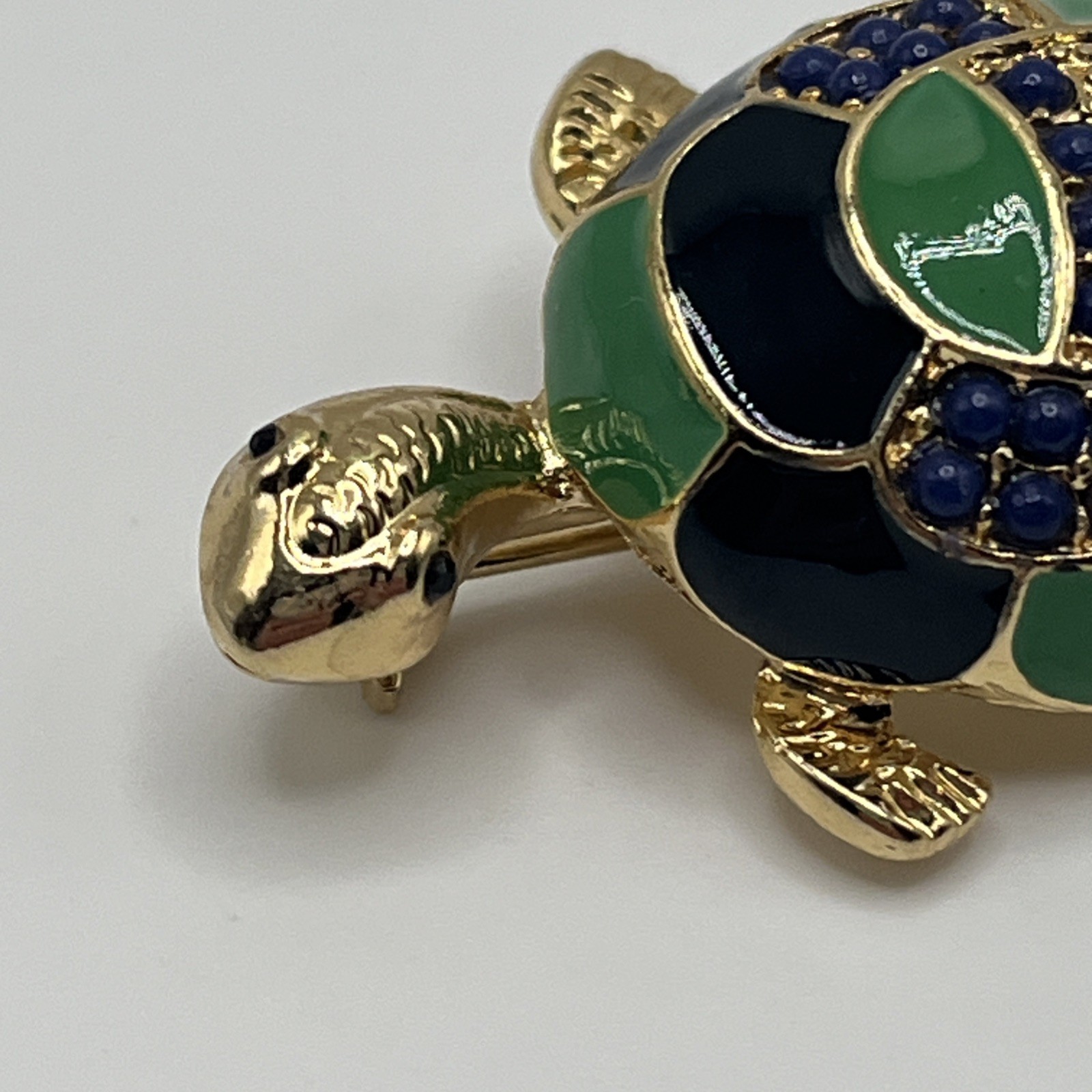 Vintage Enamel Turtle Brooch Gold Tone Green Blue Statement Piece Pin