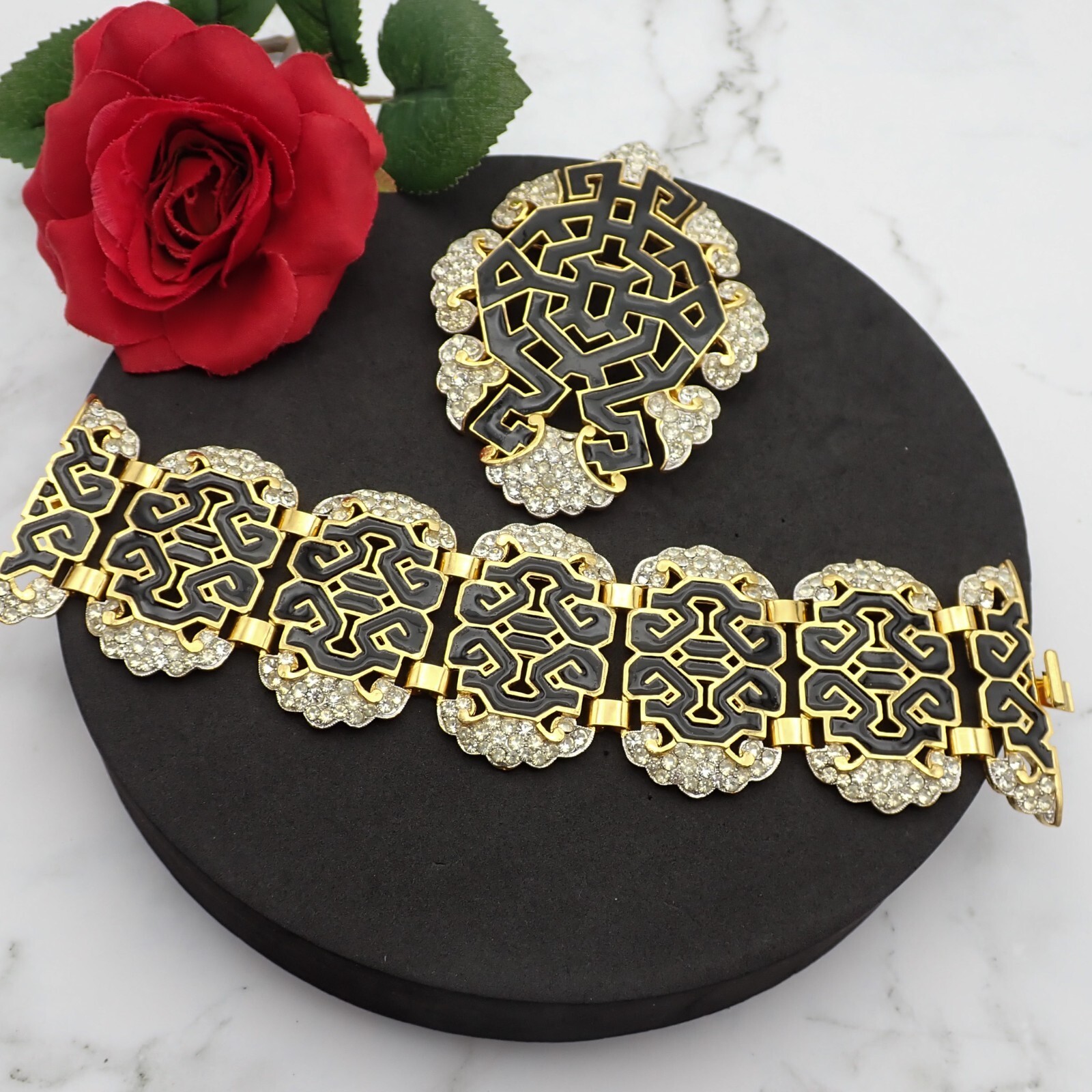 Black Enamel Asian Theme Rhinestone Exceptional Pin Brooch Bracelet Set by OR