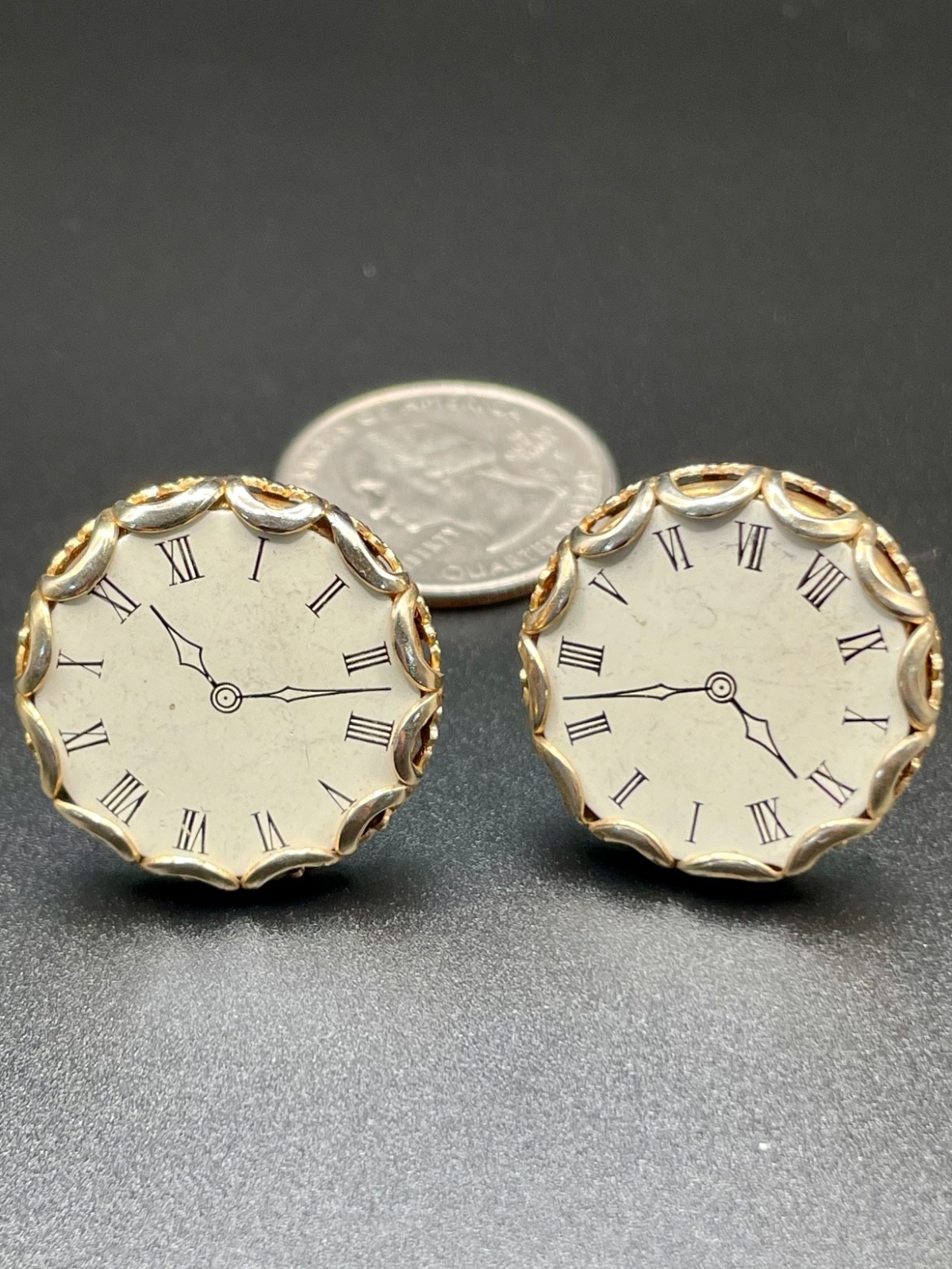 Vintage Clock Face Enamel Cufflinks Gold Tone Roman Numeral Novelty MCM