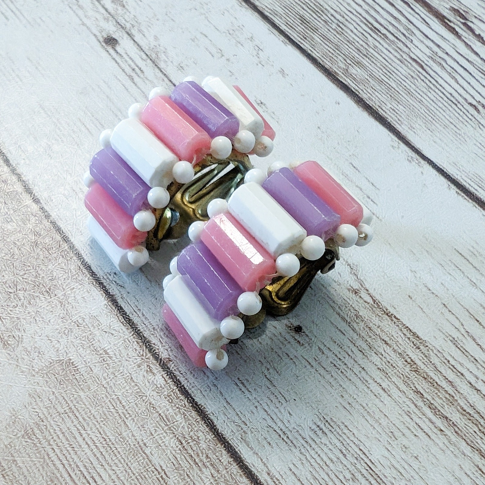 Vintage Clip On Earrings White, Purple, Pink Large Chunky Half Hoops