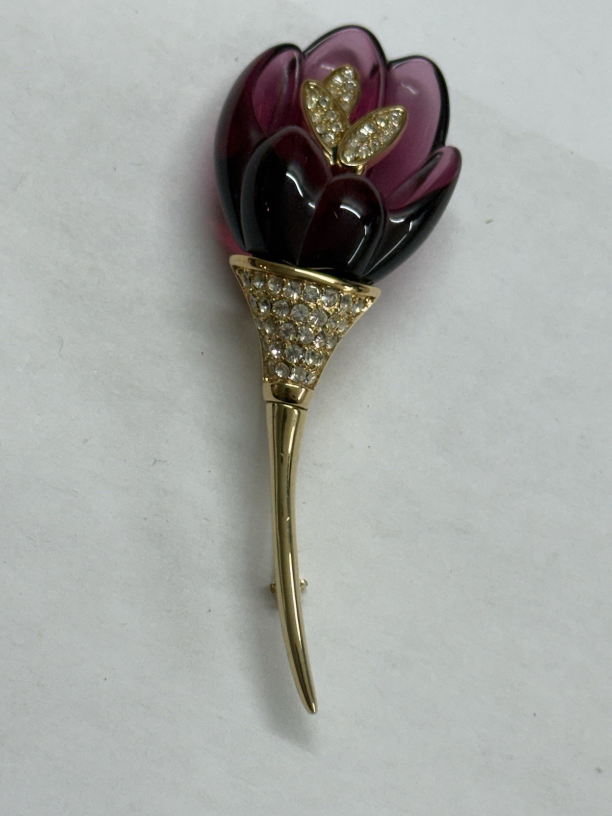 Nolan Miller Iris Floral Brooch, Amethyst Lucite, Rhinestones 3.5″