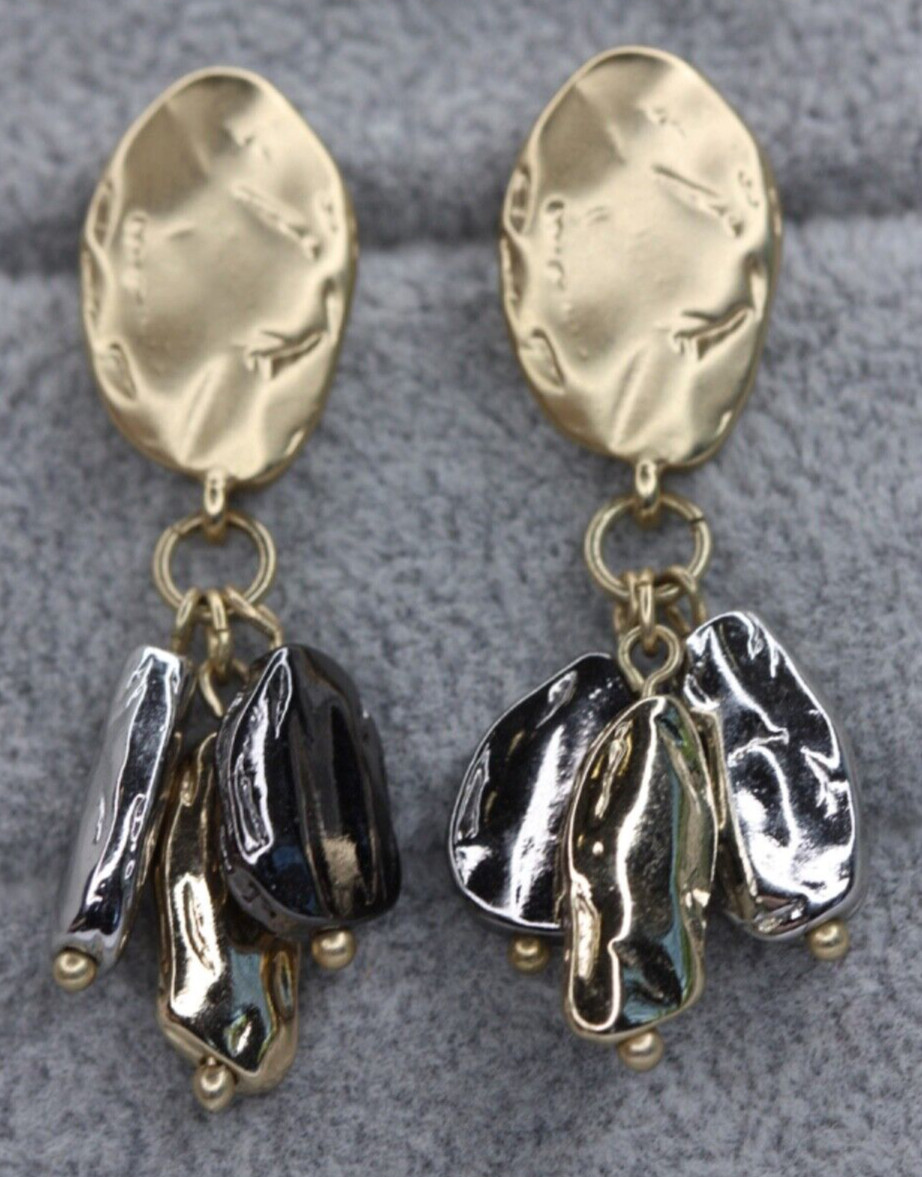 Hammered Tri-Tone Gold Silver Hematite Dangle Drop Beaded Pierced Post Earrings