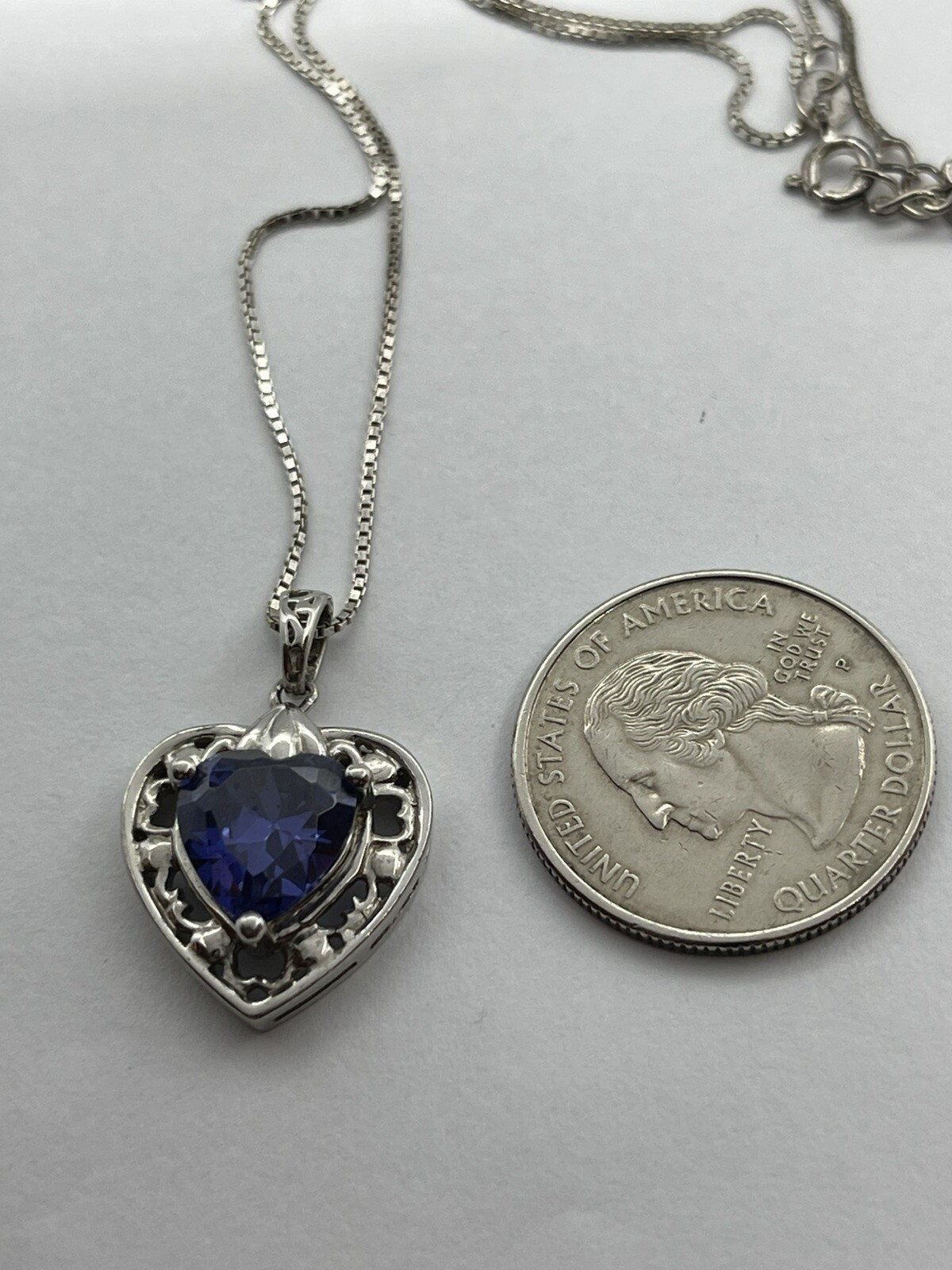 Vintage Bluish Purple Heart Shaped Stone on Sterling Heart Pendant Necklace 17”
