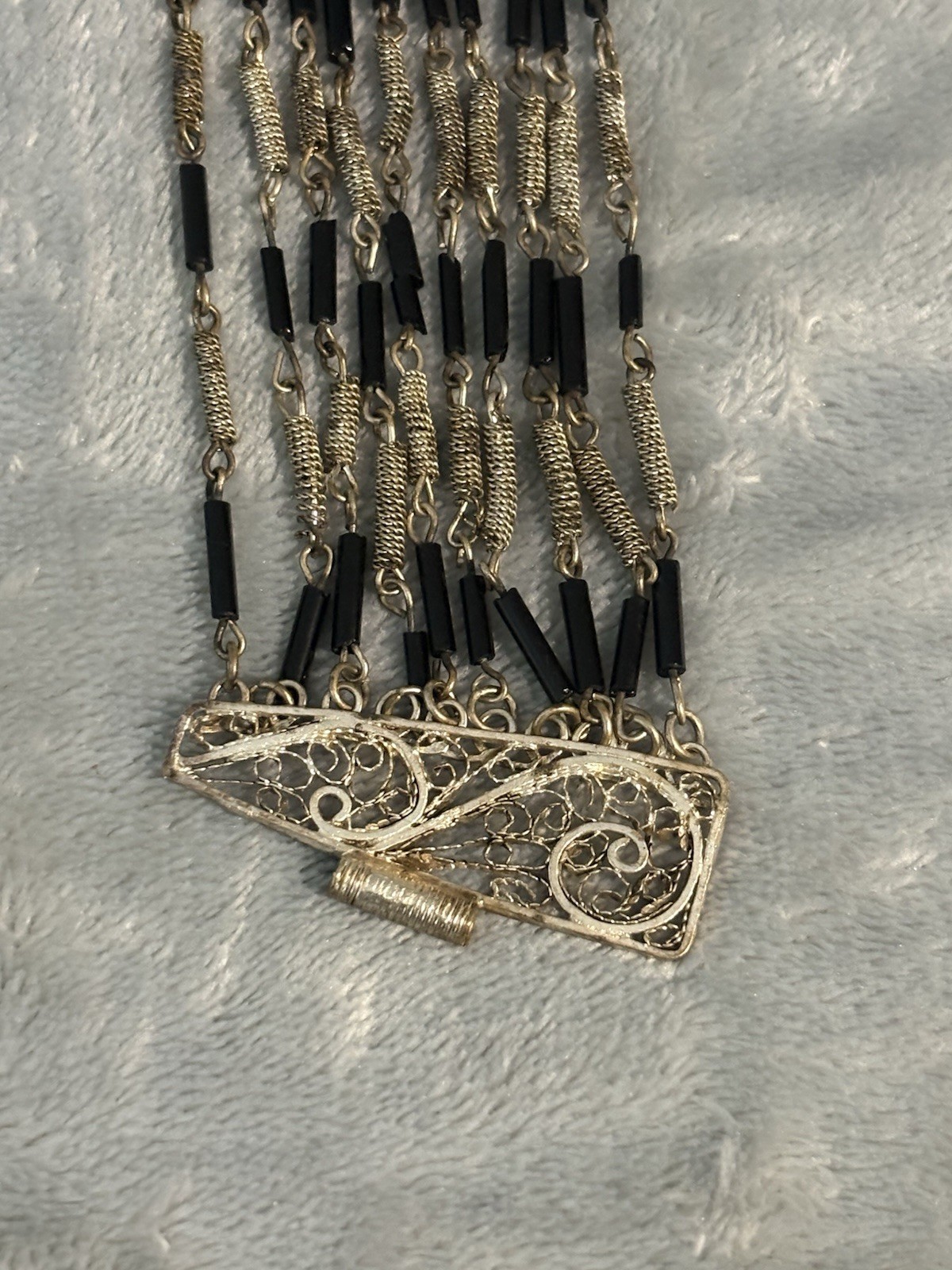 Vintage Multi Strand Wire Wrap Bracelet Filigree Black Tube Bead Metalwork 6.4”