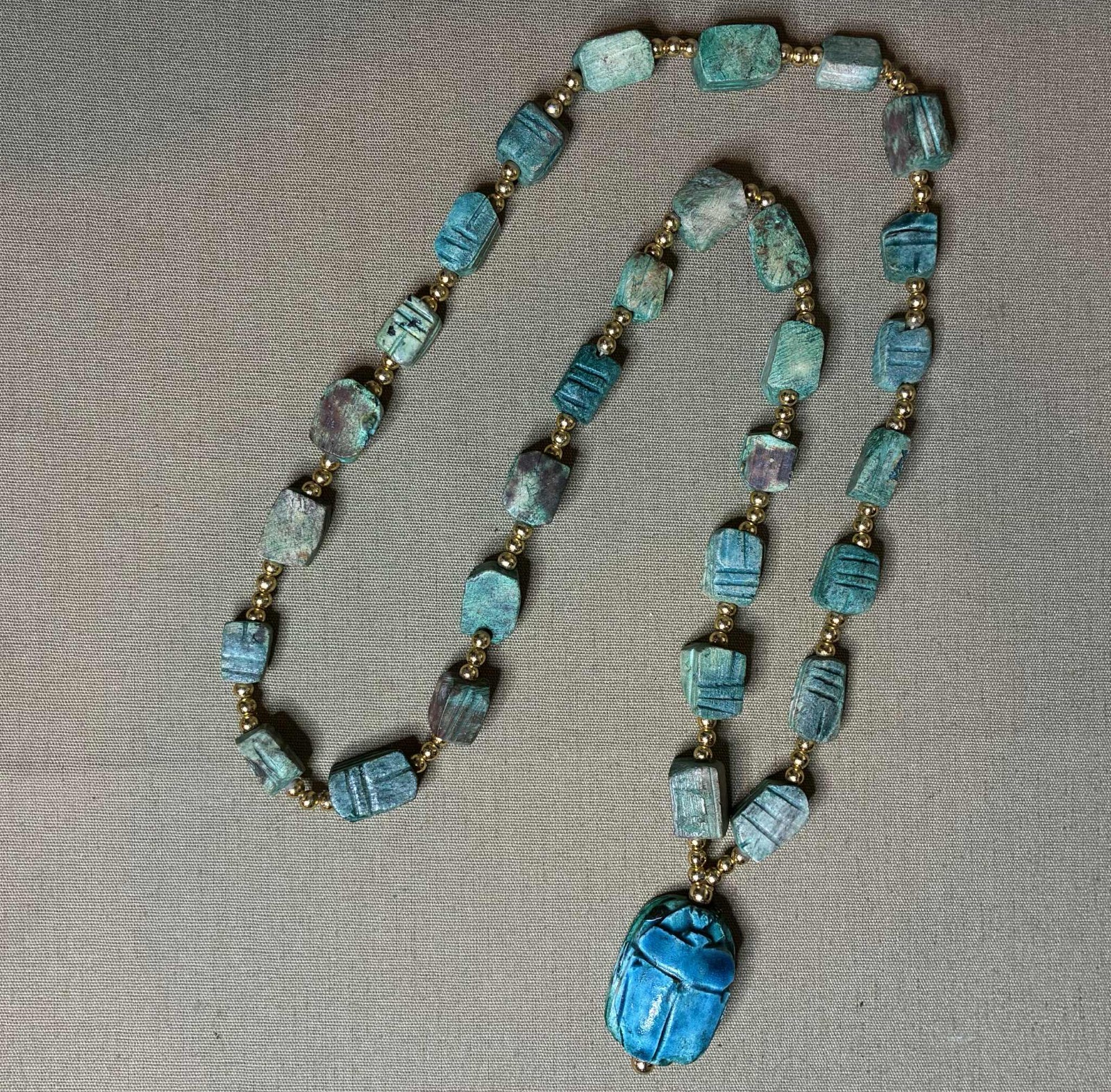 2 Vintage Egyptian Revival Scarab Necklaces Carved Soap Stone Or Ceramic Or Wood