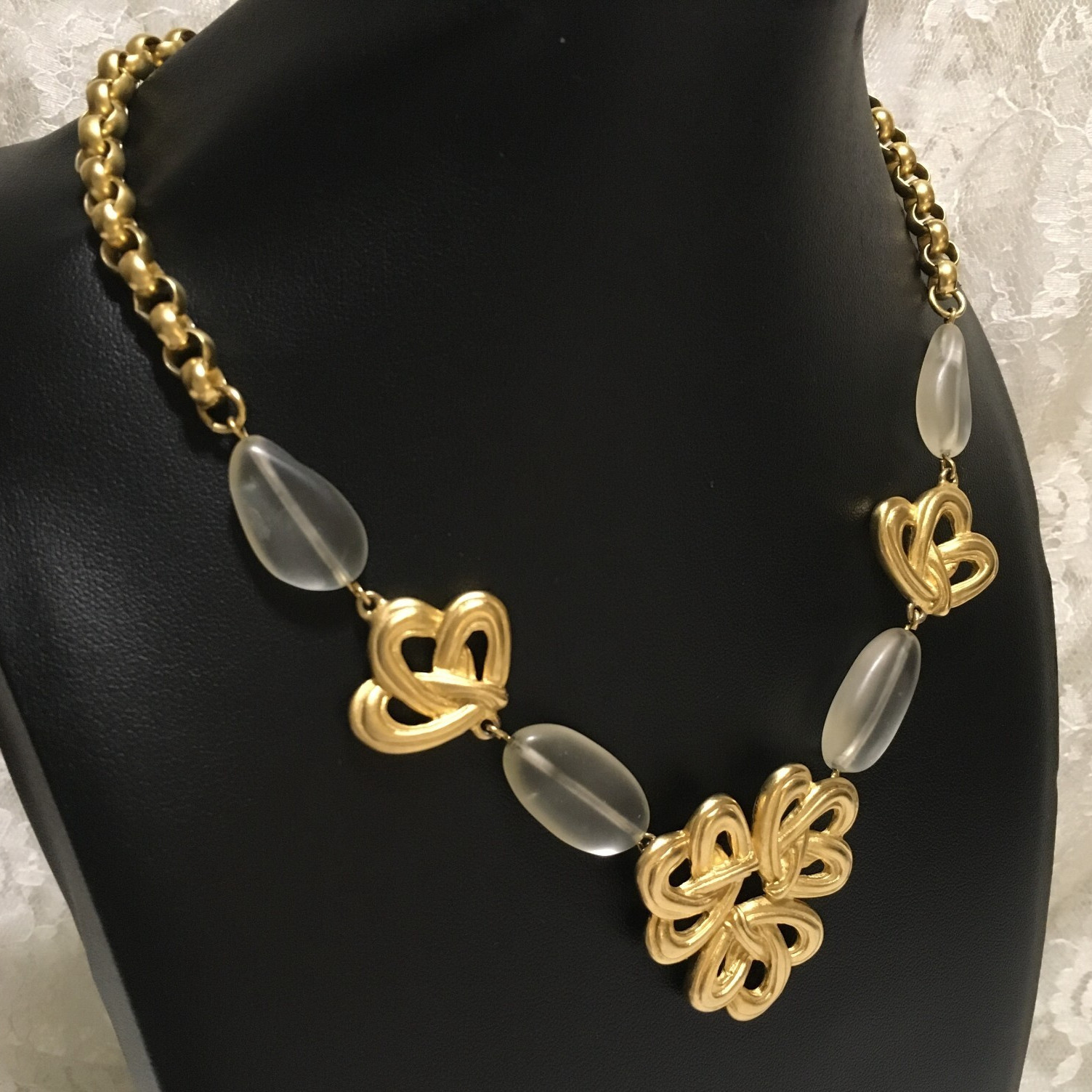 Gold Tone Clear Bead Statement Necklace Floral Open Design Round Links