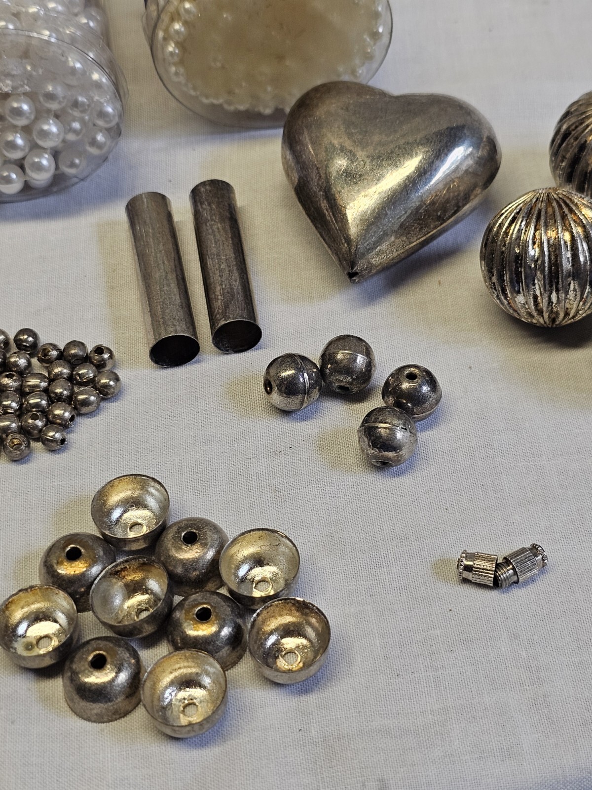 Vintage Jewelry Making Set Pearl String Kit Small-Large Metal Beads Silver Heart