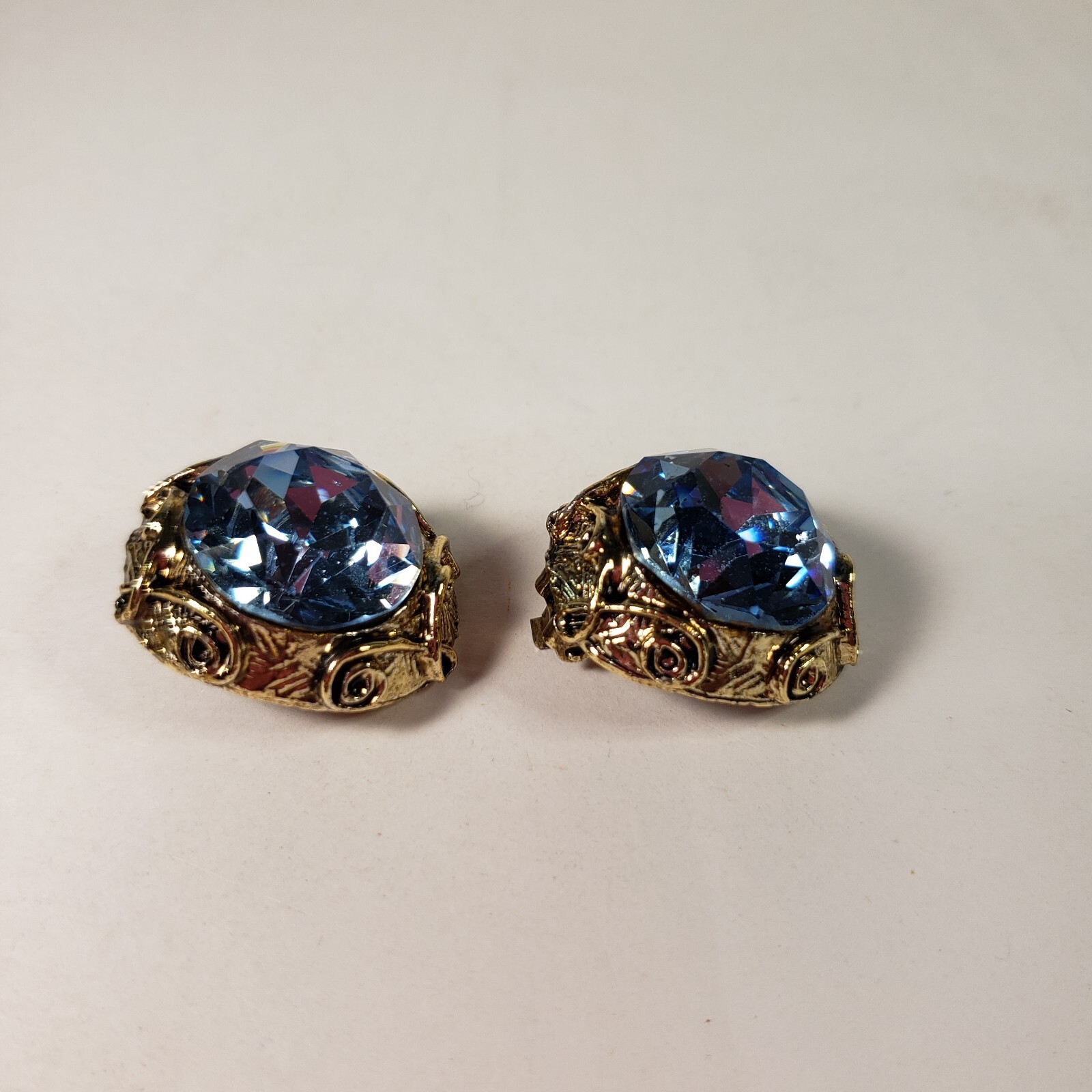 Vintage Light Blue Stone In Gold Like Setting.Clip On Earrings