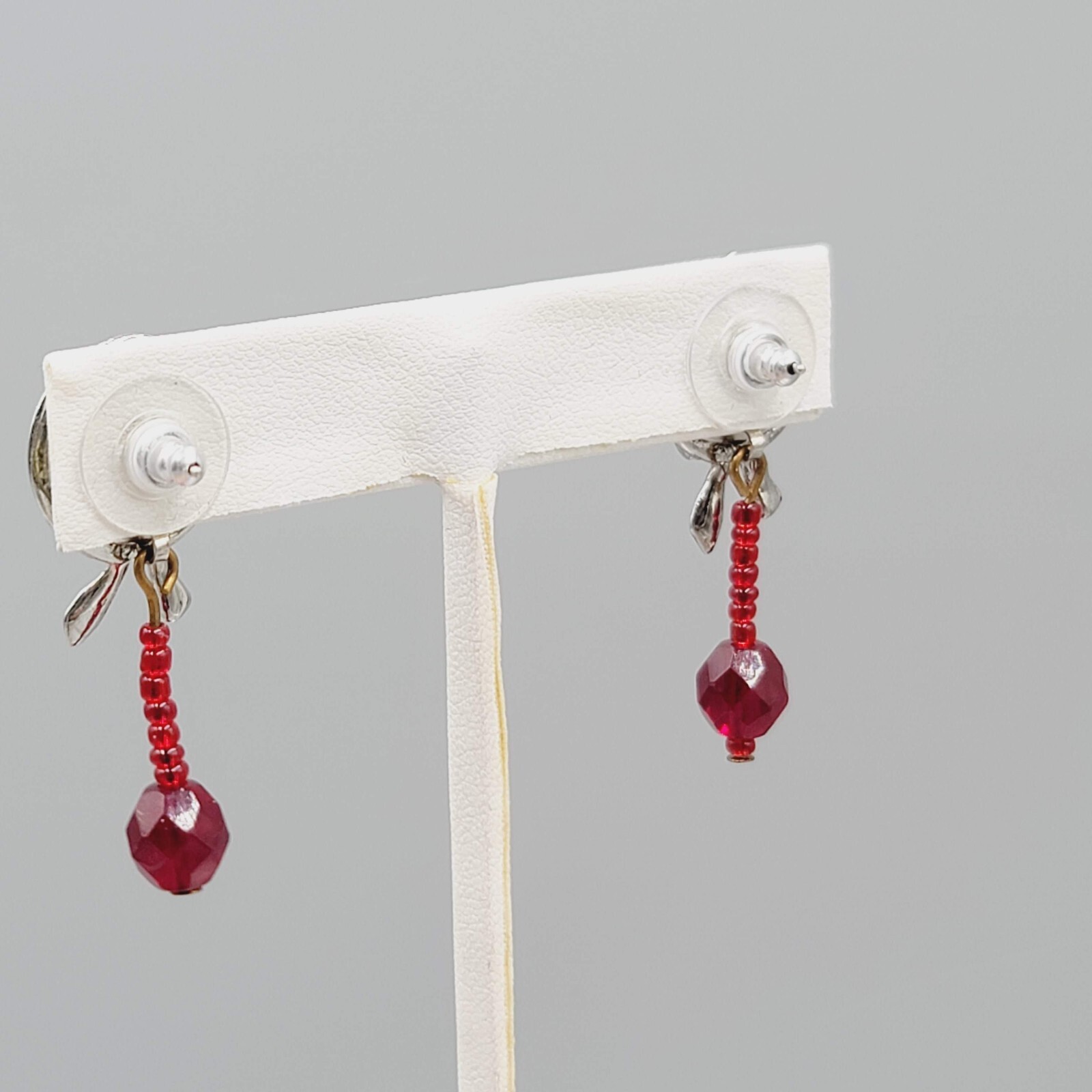 Vintage Red Hat Society Pierced Earrings Enamel Dangle 1.5″