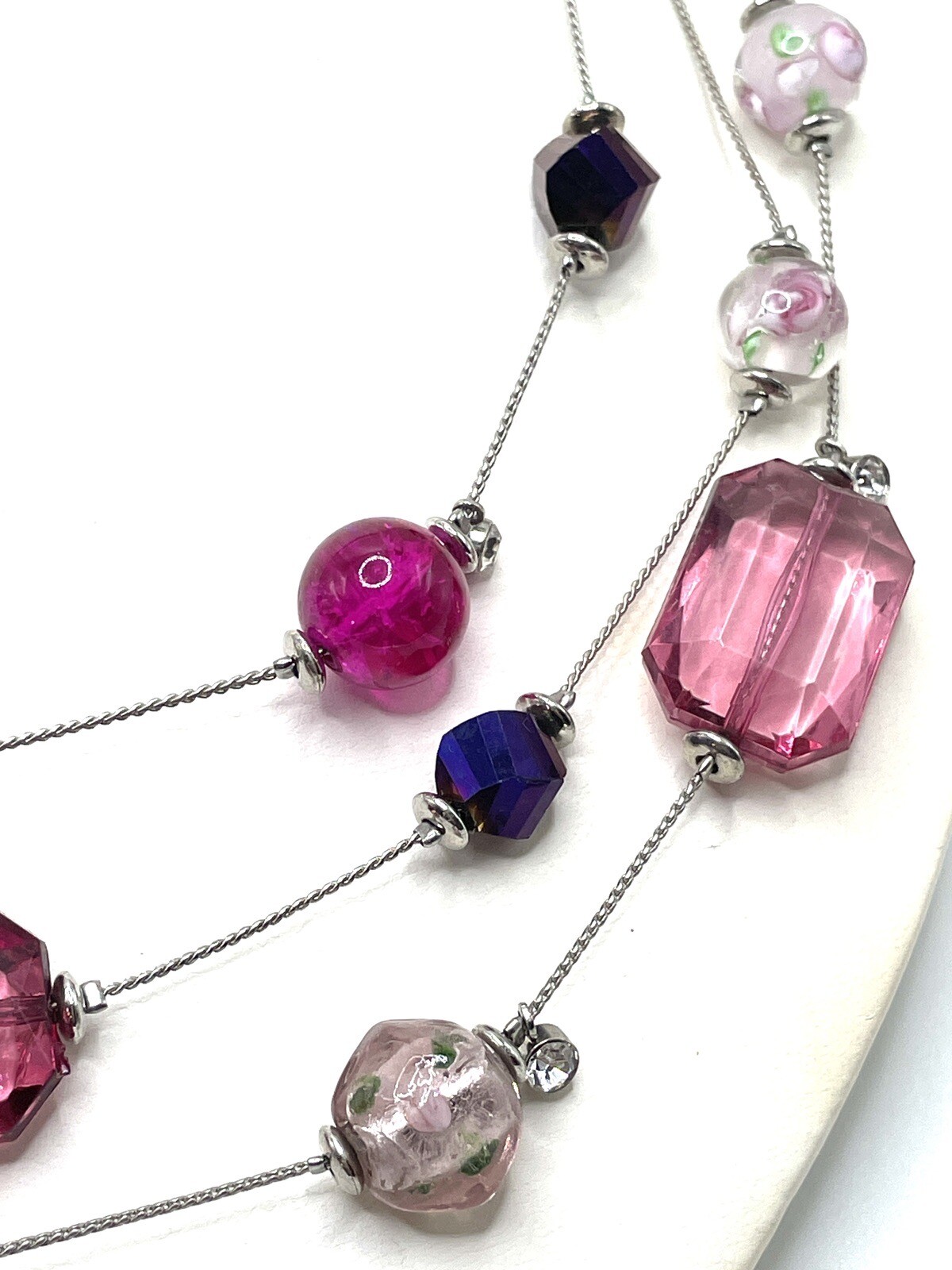 Murano Sommerso Venetian Pinks Purples Rose Three Strand Necklace Vintage Unique