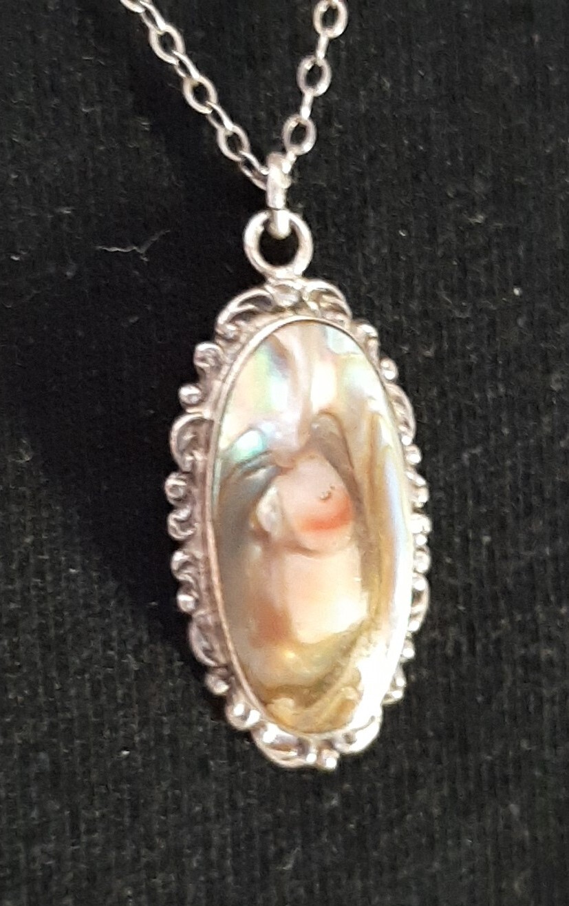 Vintg Pendant Necklace Blister Pearl Spiny Oyster Abalone Art Nouveau “STERLING”
