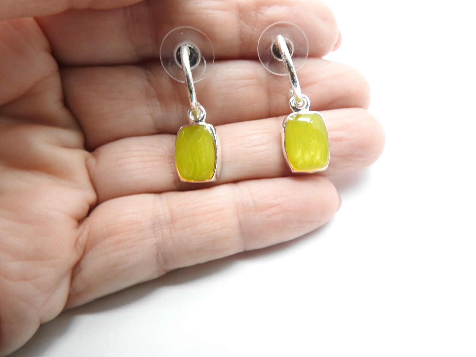 Signed KC Lime Green Swirled Enamel Silver Tone Hoop Pierced Earrings Vintage