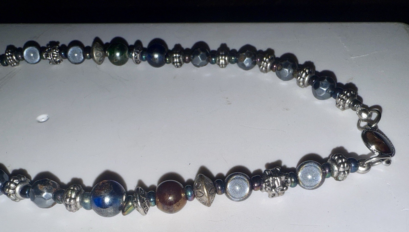 Metallic Bead Necklace Iridescent Purple, Green, White And Blue Oil Slick ~