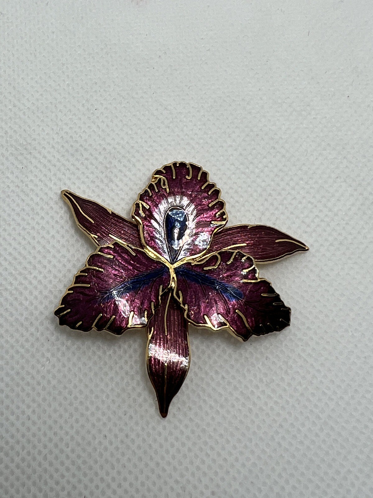 Large Gold Tone & Purple Enamel Orchid Brooch Pin STATEMENT PIECE signed M jewel