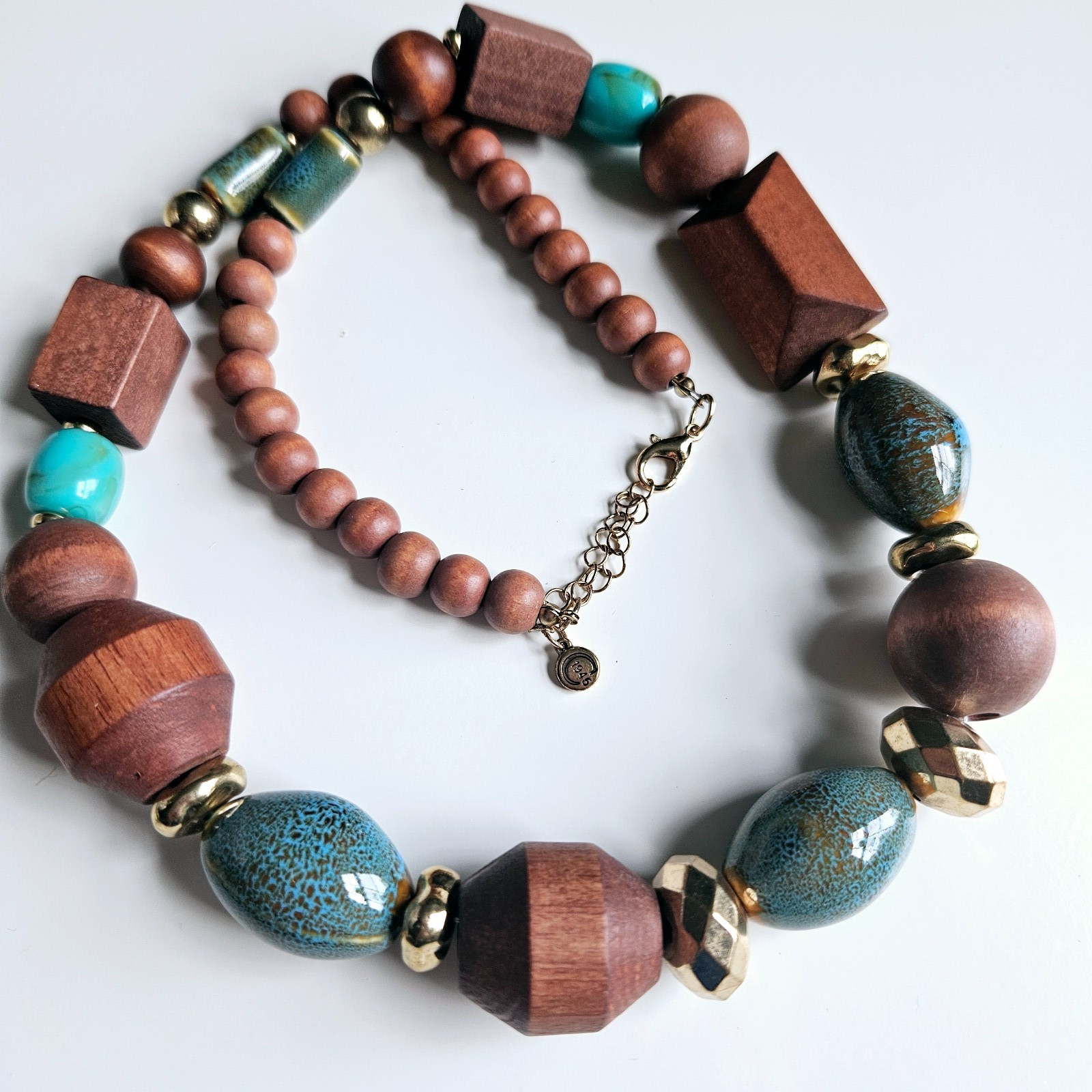 2 Necklaces Earrings Hand painted Ceramic Porcelain Geometric Wood Beads C1946