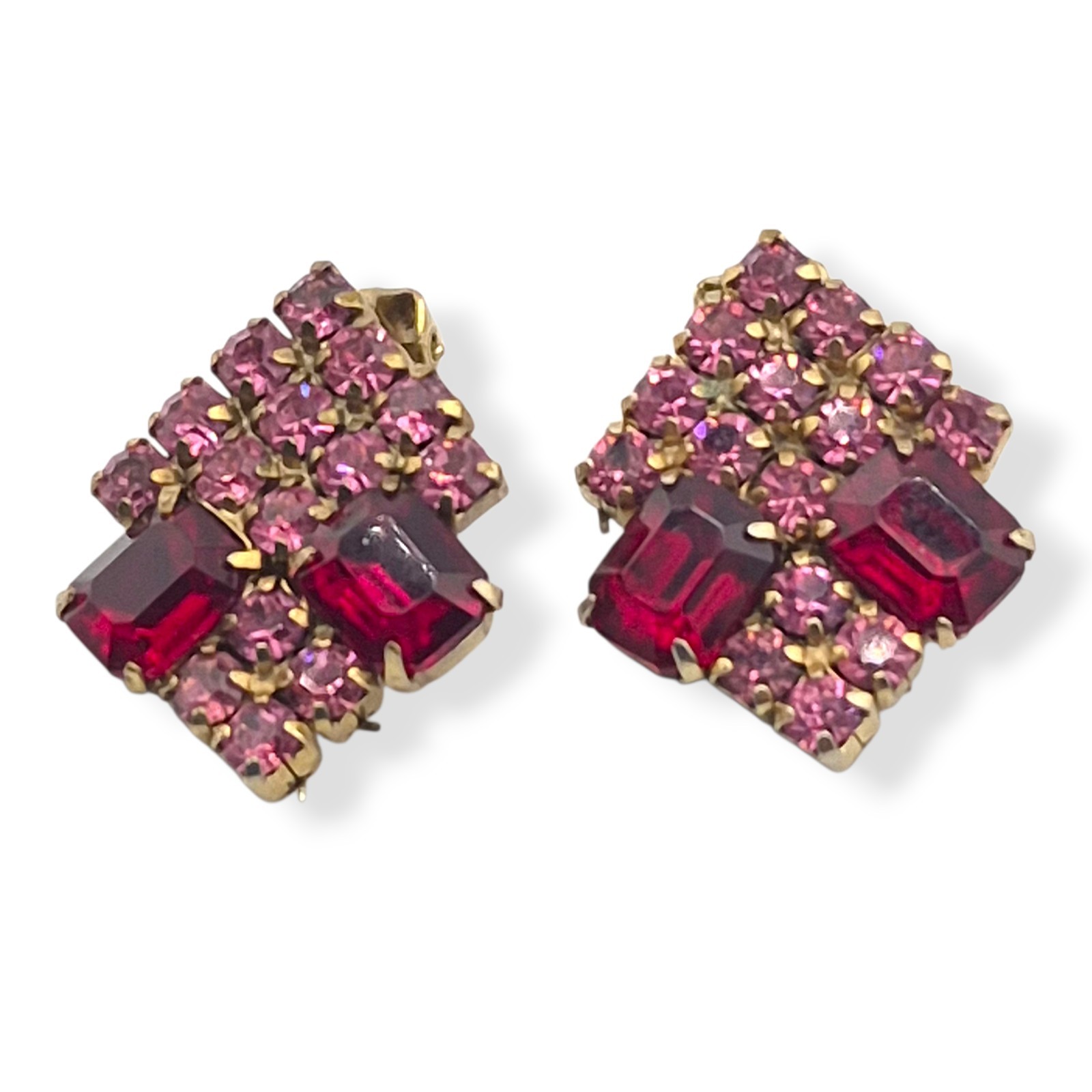 Stunning Fuchsia & Red Emerald Cut Rhinestone Cluster Clip On Vintage Earrings