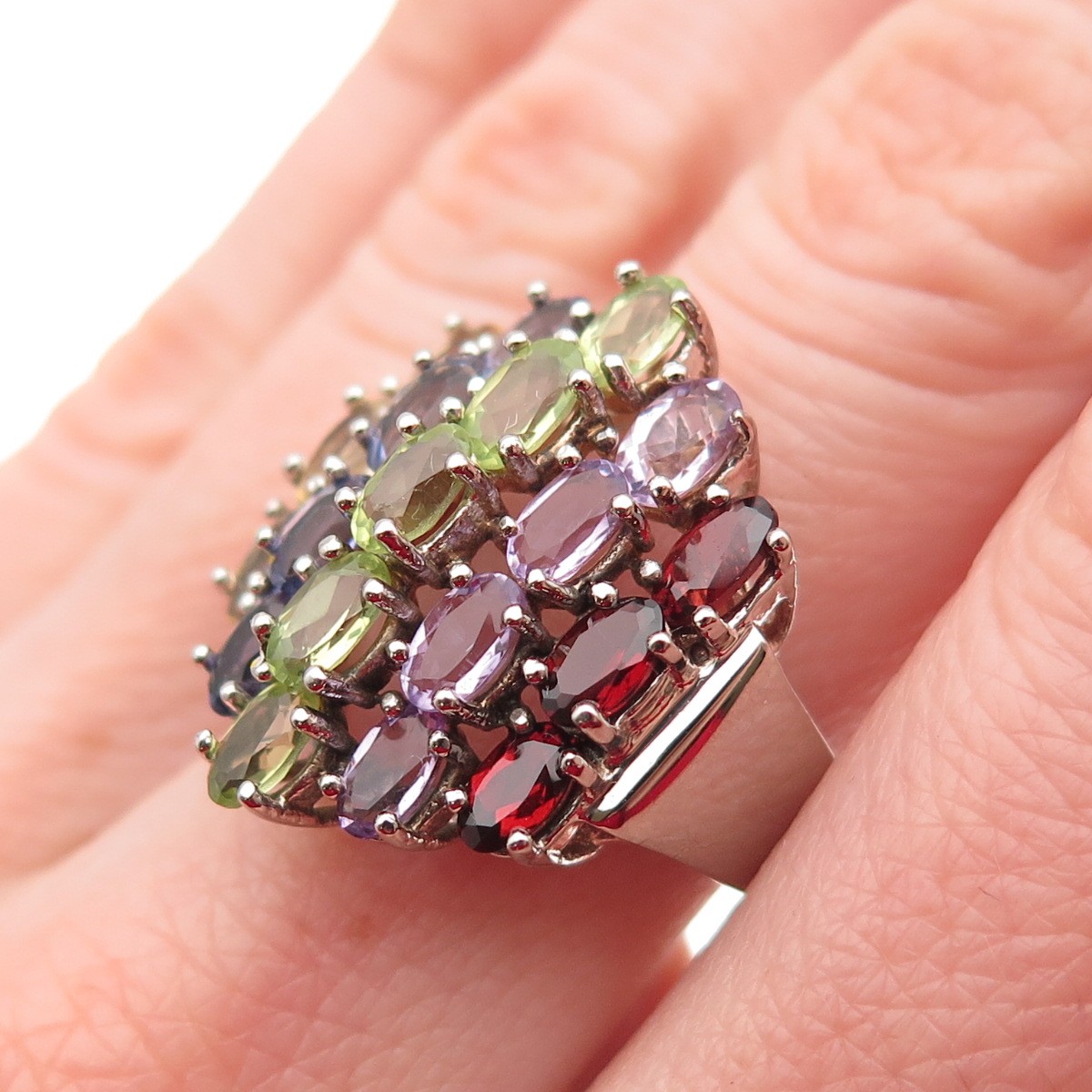 925 Sterling Silver Vintage Citrine Iolite Peridot Amethyst & Garnet Ring Size 7