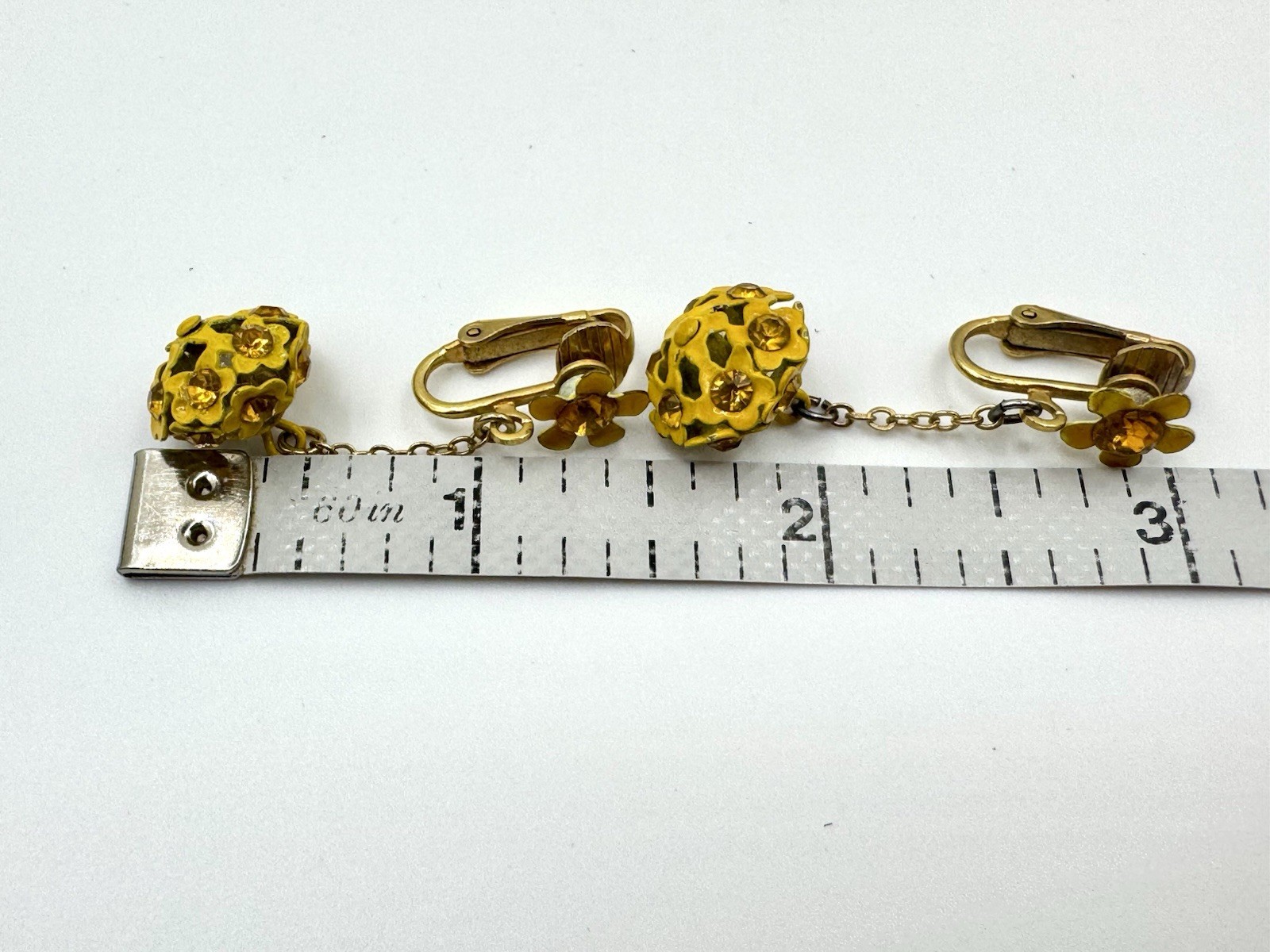 Vintage 50’s Enamel Yellow Rhinestone Daisy Flower Dangle Clip On Earrings MCM