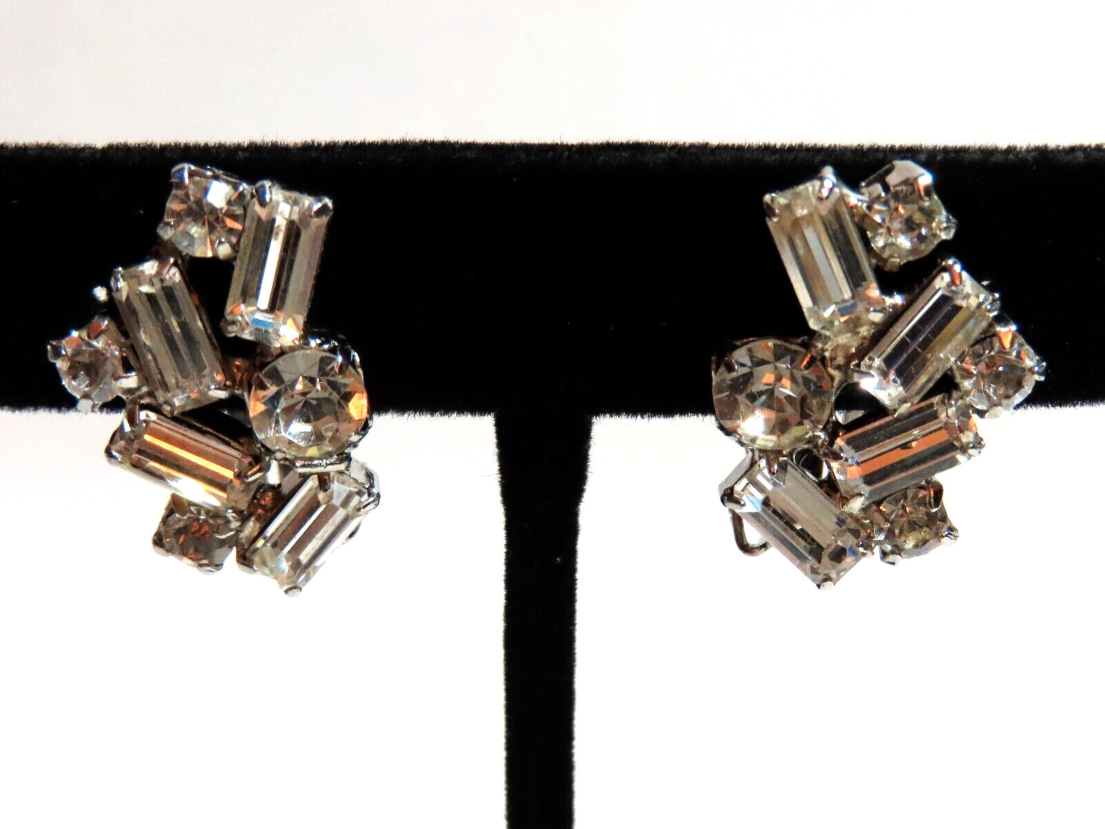 Vintage Clear Glass Rhinestone Baguettes Clip-On Earrings Silver Tone