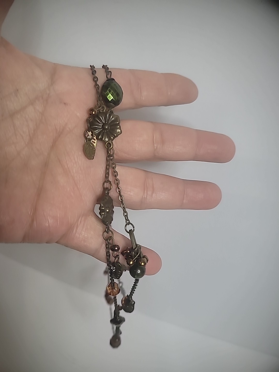 Vintage Bronze Tone Necklace Flowers Beads Leaves Flapper Jewelry Costume