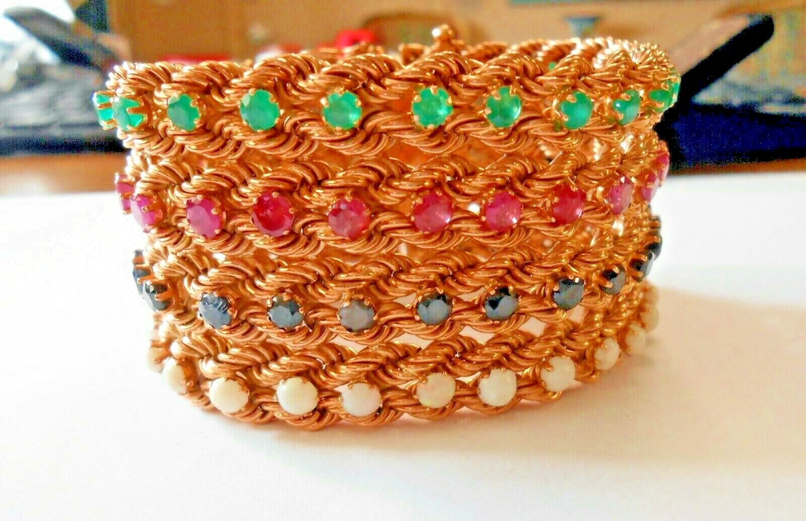 14K Yellow Gold Emerald Ruby Sapphire Opal Multi Strand Wide Bracelet 76 Grams