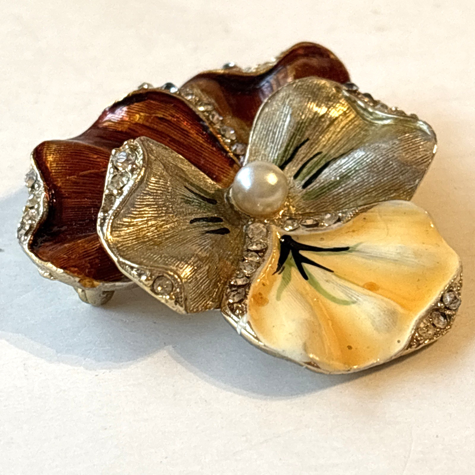 VTG Enamel Pansy Brooch Rhinestones Faux Pearl Spring Yellow Gold Tone Read
