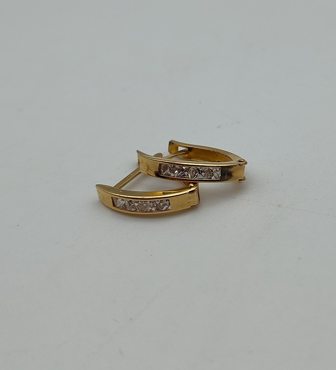 Vintage Hinge Hoop Clear Stone 14k Solid Yellow Gold Post Earrings Dangle Drop