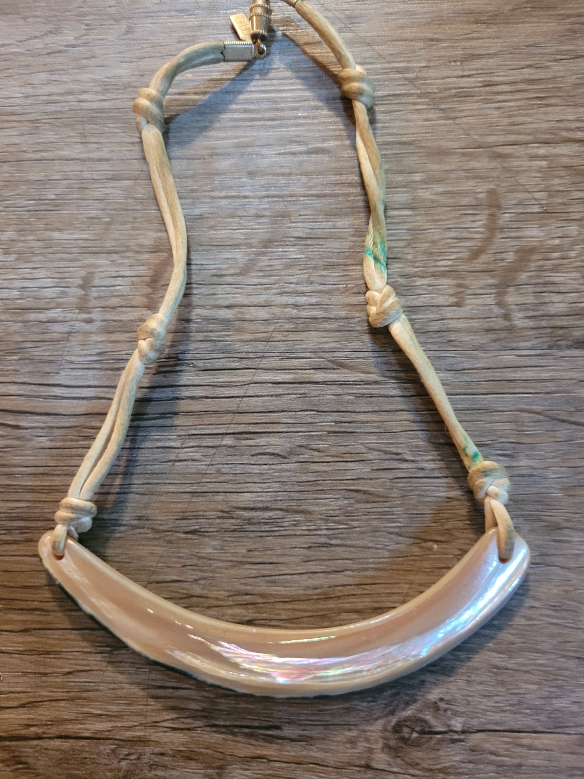 vintage boho choker necklace curved abalone shell pendant on a leather cord