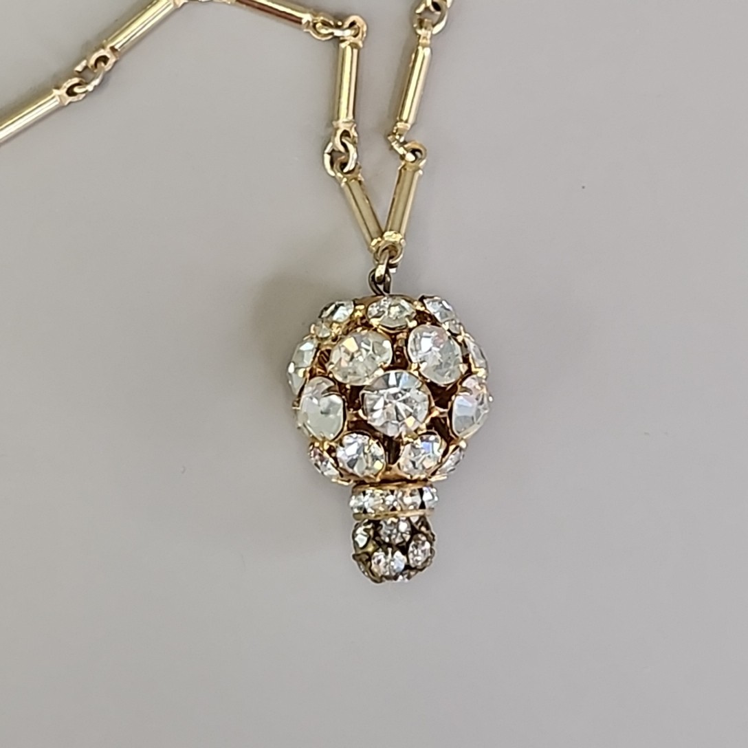 Vintage Rhinestone Ball Necklace Gold Tone Bar Link Chain 19″