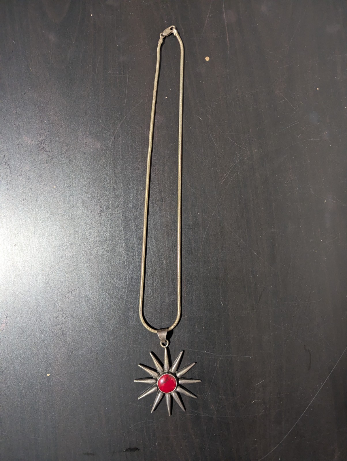 Large Southwestern 925 Sterling Silver Natural Crimson Red Sun Pendant