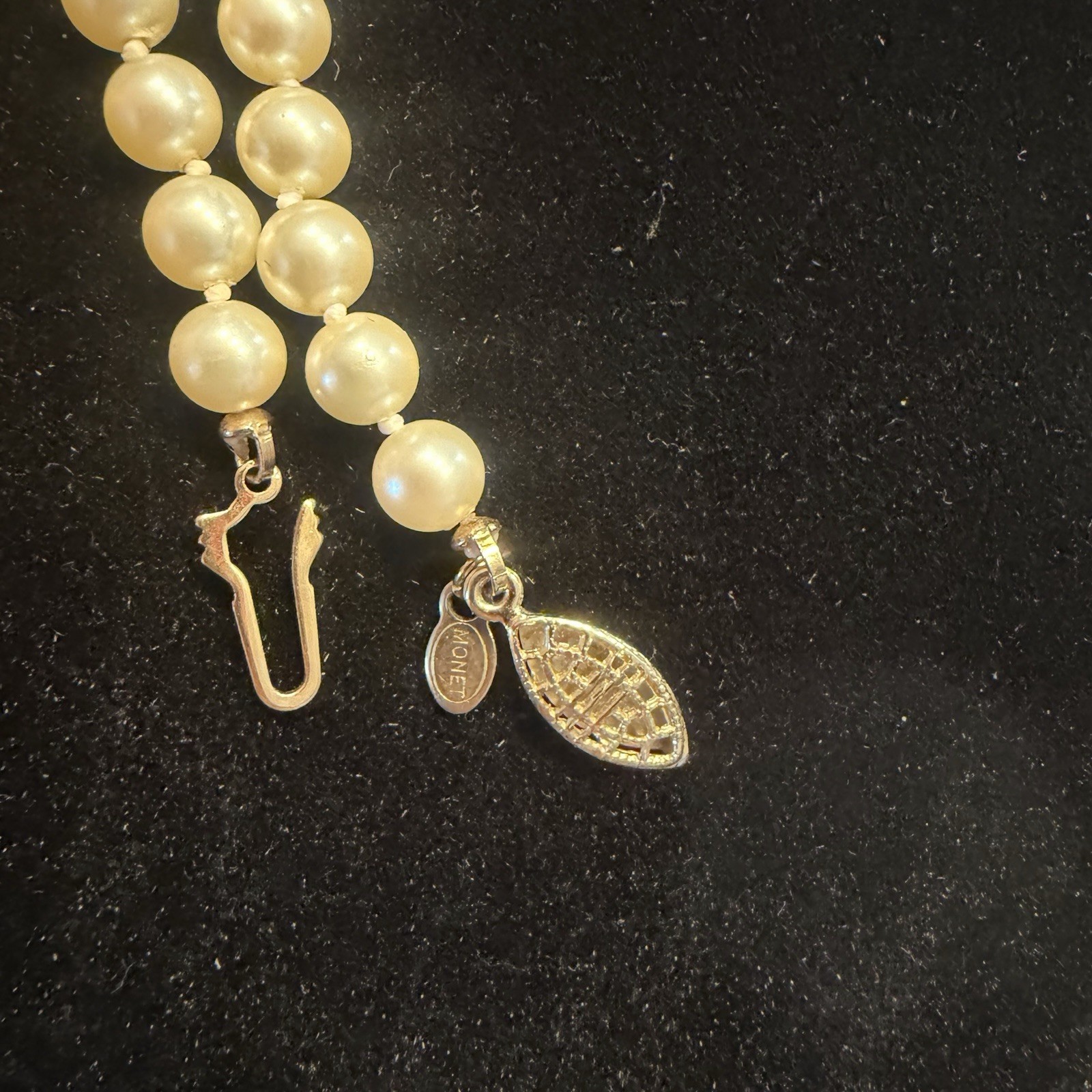 Vintage Monet Faux Pearl Necklace 1950s Filigree Fish Hook Clasp Signed Bridal