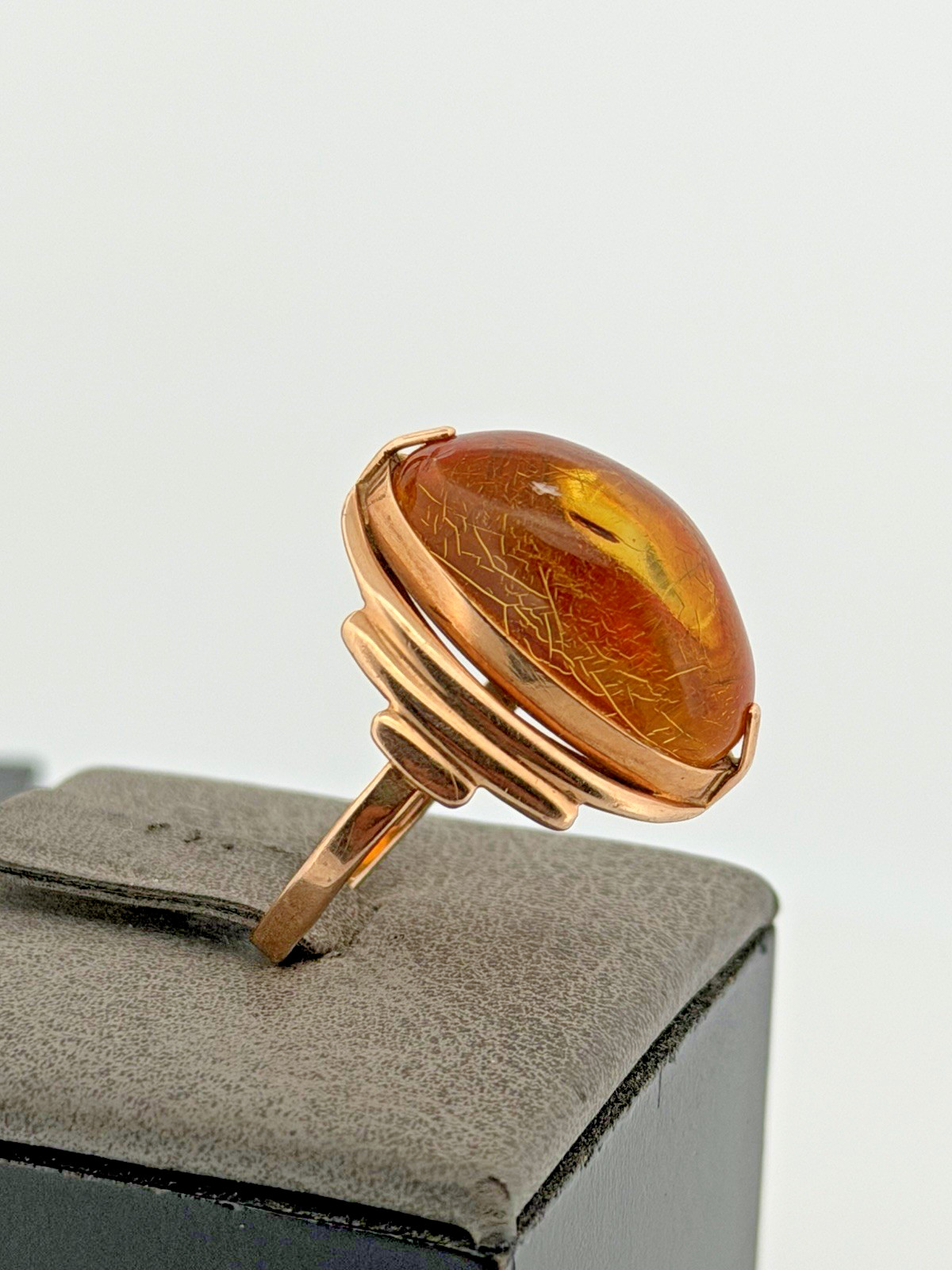 Vintage Russia 14K 585 Rose Pink Gold Honey Amber Earrings And Ring Set