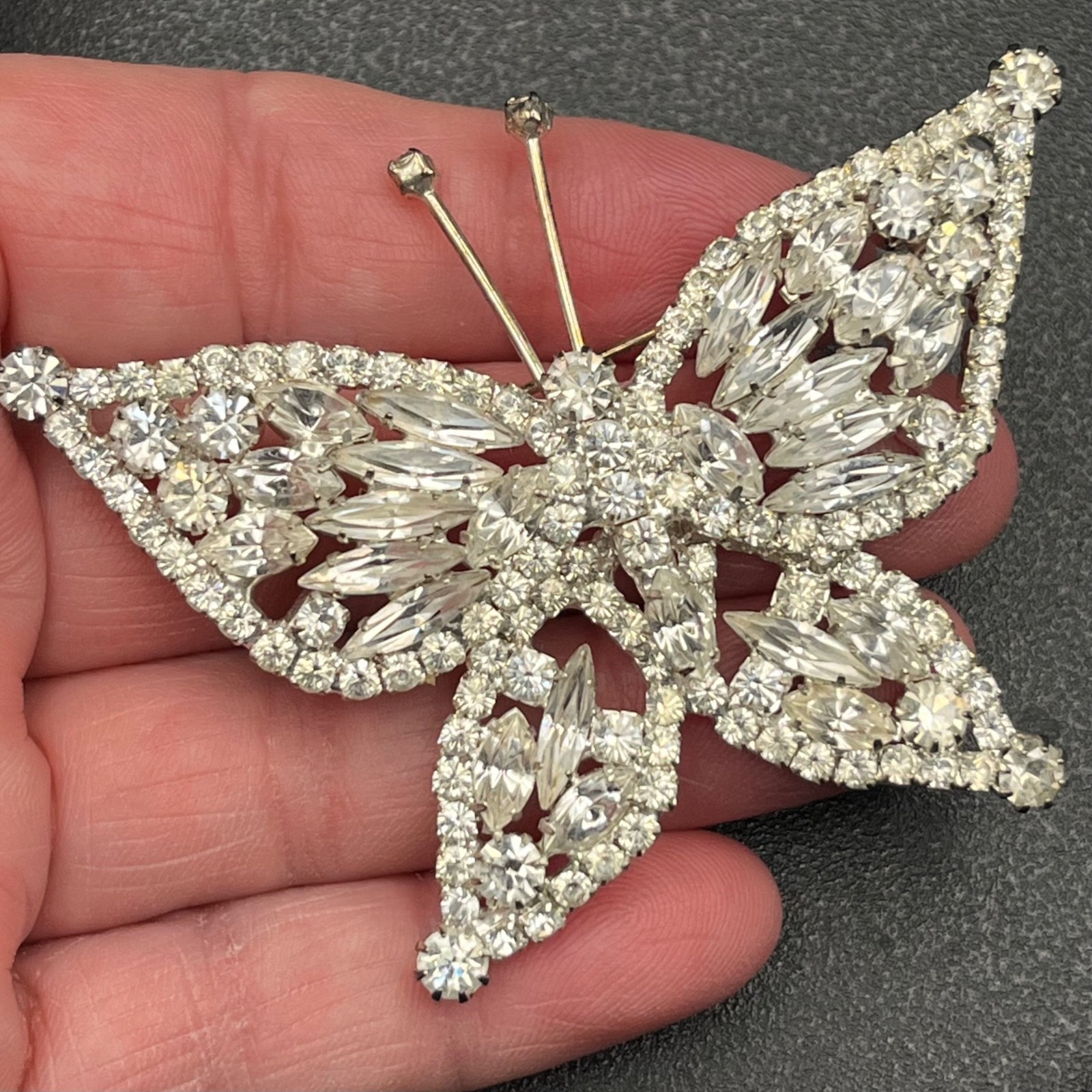 Mid Century Rhinestone Butterfly Brooch Silver Tone Navette Wings