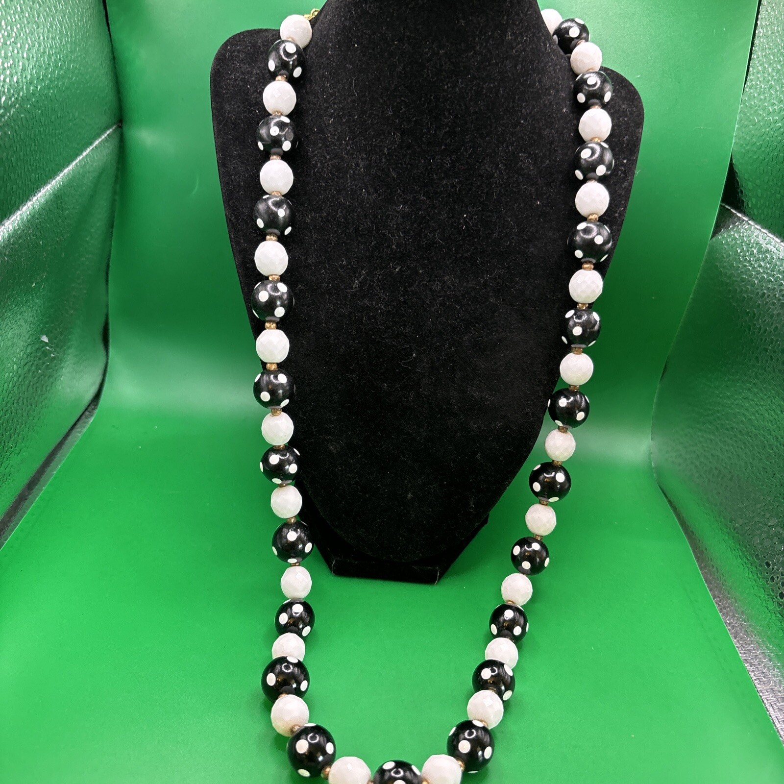 Vintage Signed Joan Rivers White Black Polka Dot Necklace 30-33”