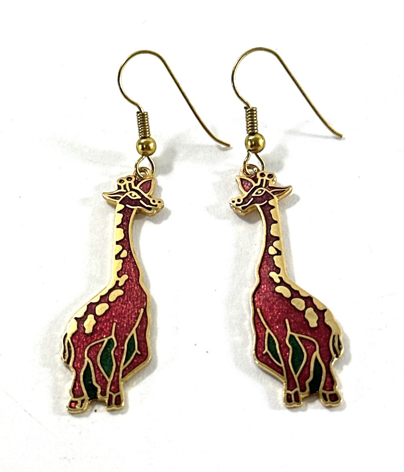Vintage Giraffe Dangle Earrings Gold Tone Red Green Enamel Safari Animal 1.75”