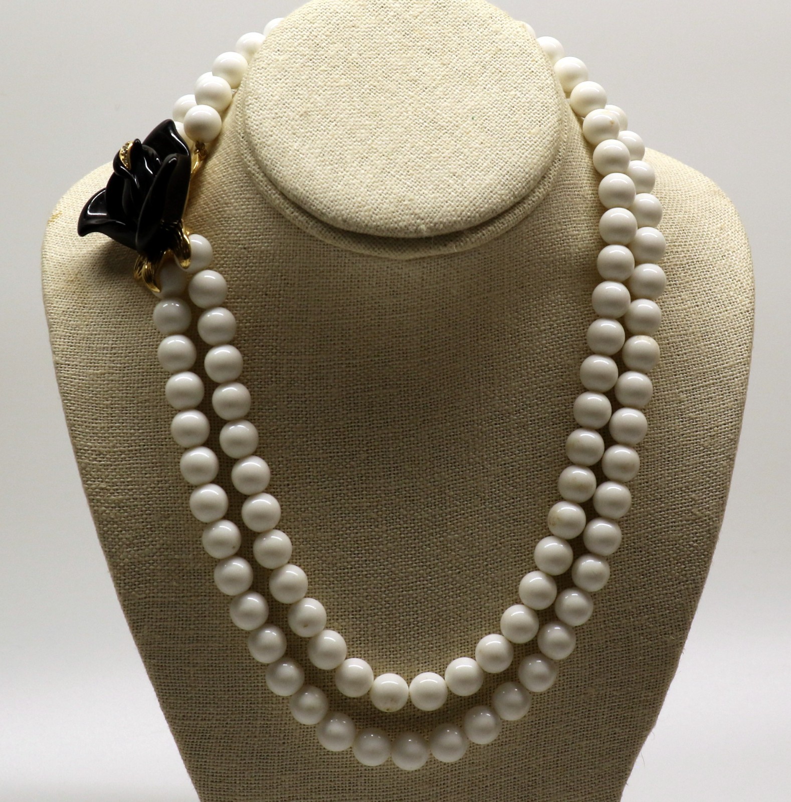 1980s KJL For AVON Signed Black Midnight Rose White Beaded Statement Necklace