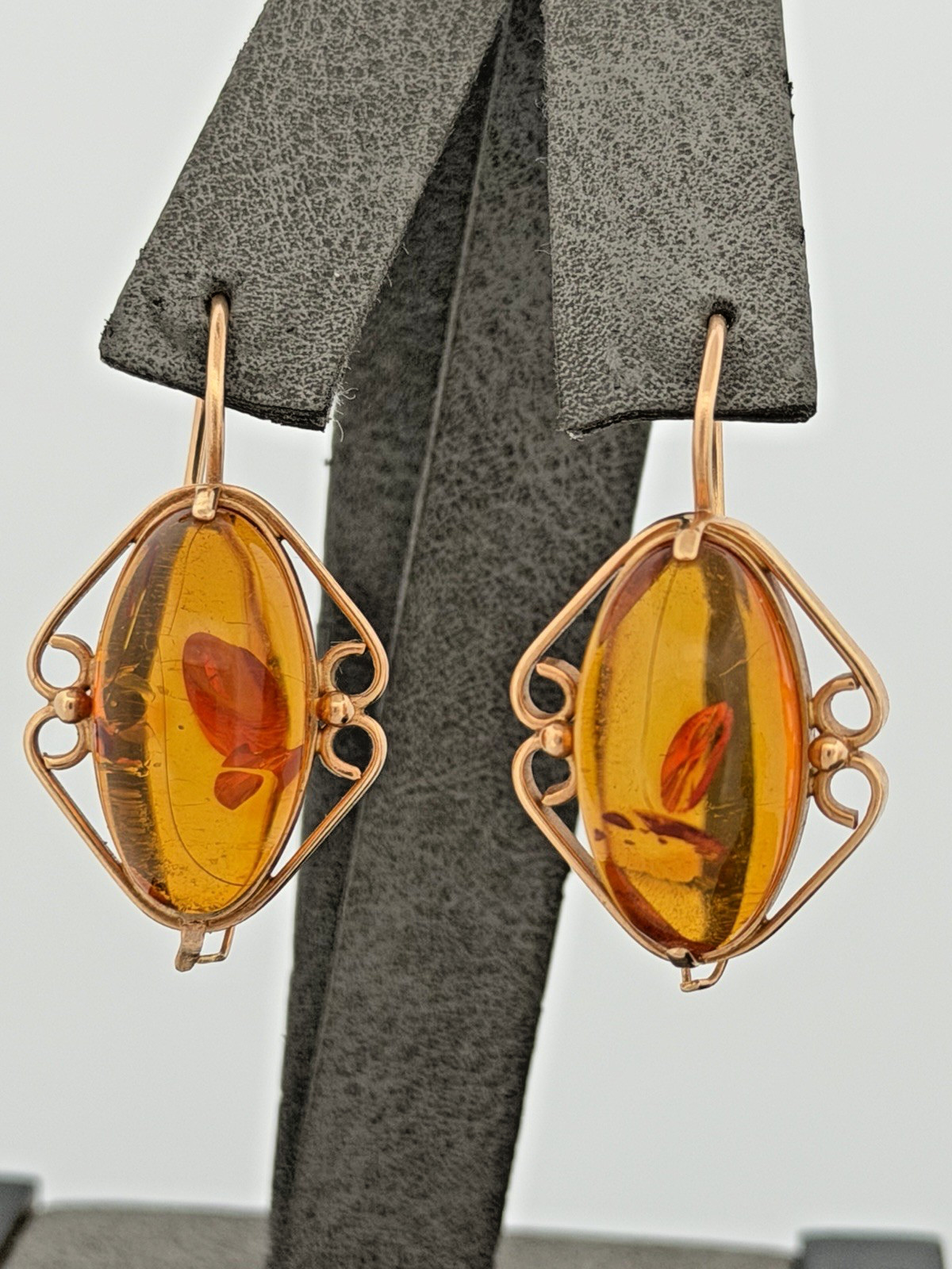 Vintage Russia 14K 585 Rose Pink Gold Honey Amber Earrings And Ring Set