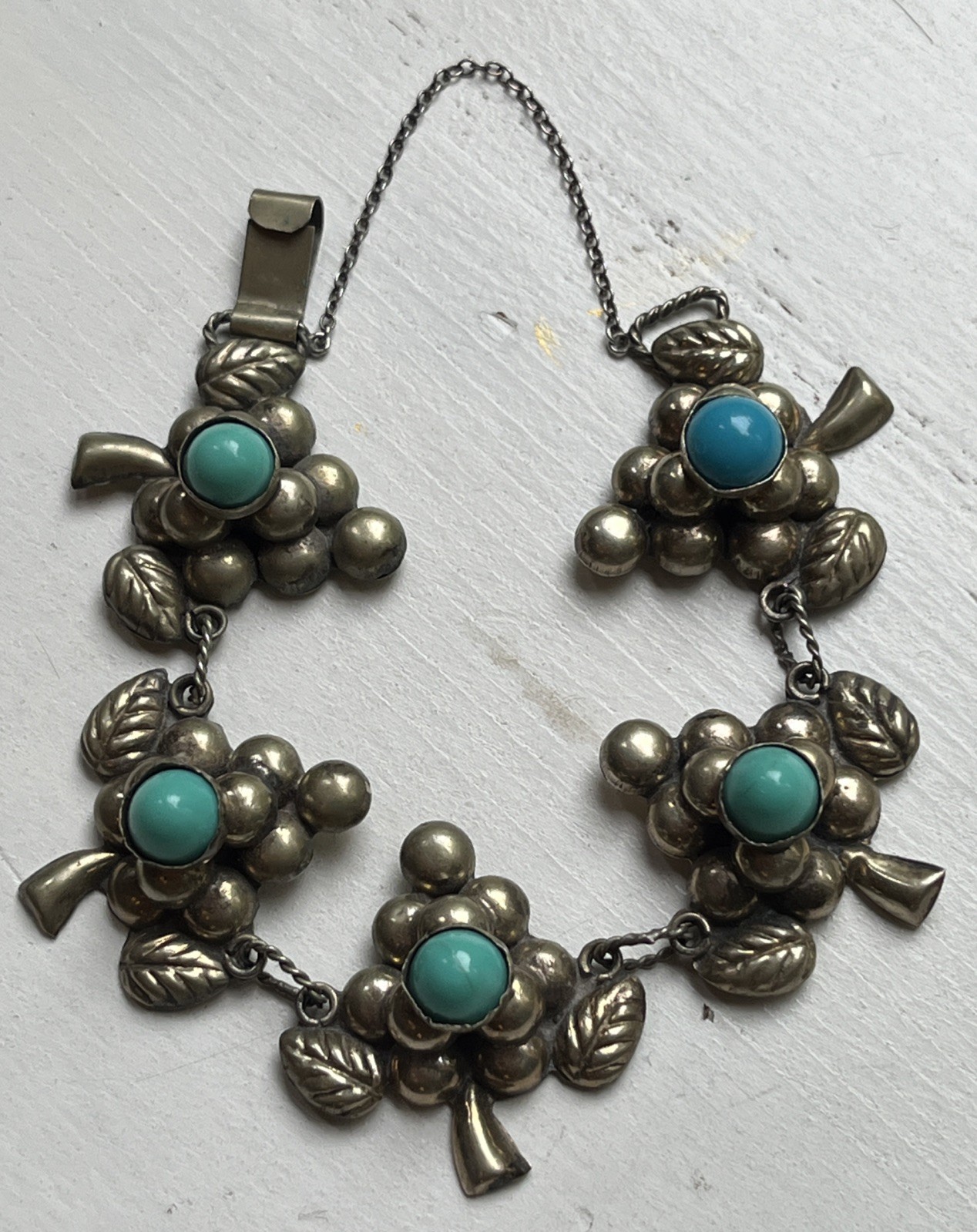 Vintage Mexico Sterling? Turquoise Blue Cabochon 5 Grape Clusters Bracelet 7 “