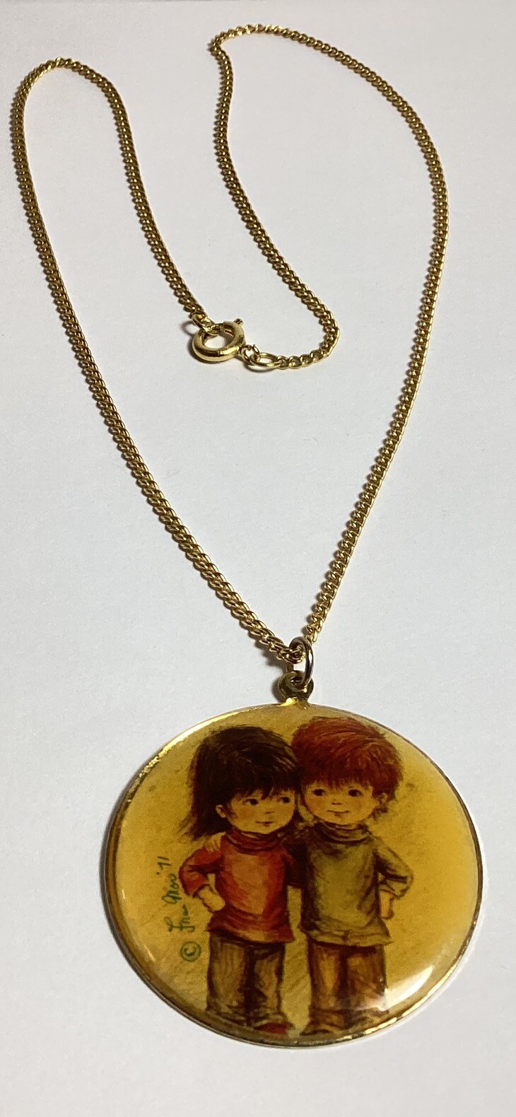 RETRO 1971 SIGNED FRAN MOR “MOPPETS” NECKLACE 19” LENGTH BOY/GIRL MEDALLION