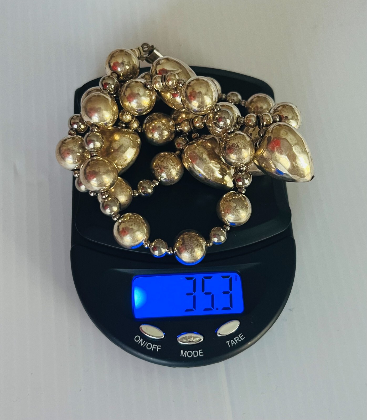 Vintage 1980s Puffy Hearts Beaded Station Silver Tone 16″ Necklace
