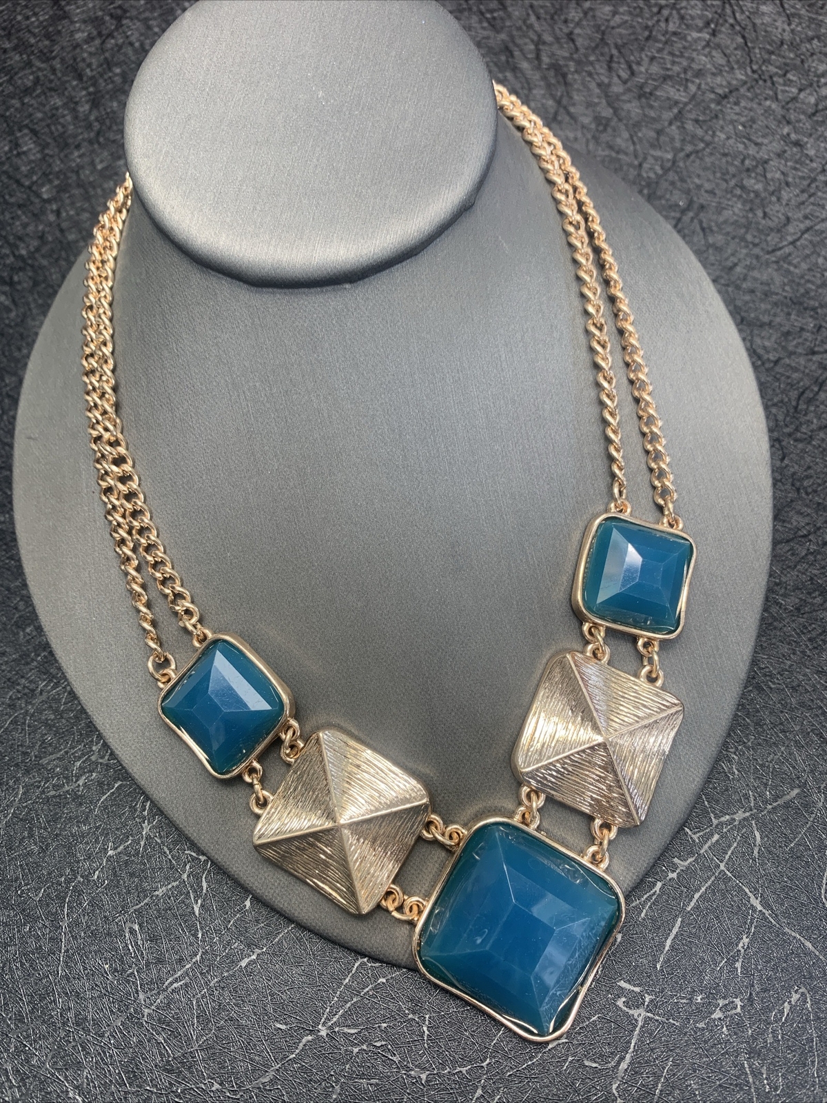 Vintage Teal Blue, Golden Chain, Bib Statement Necklace 18”