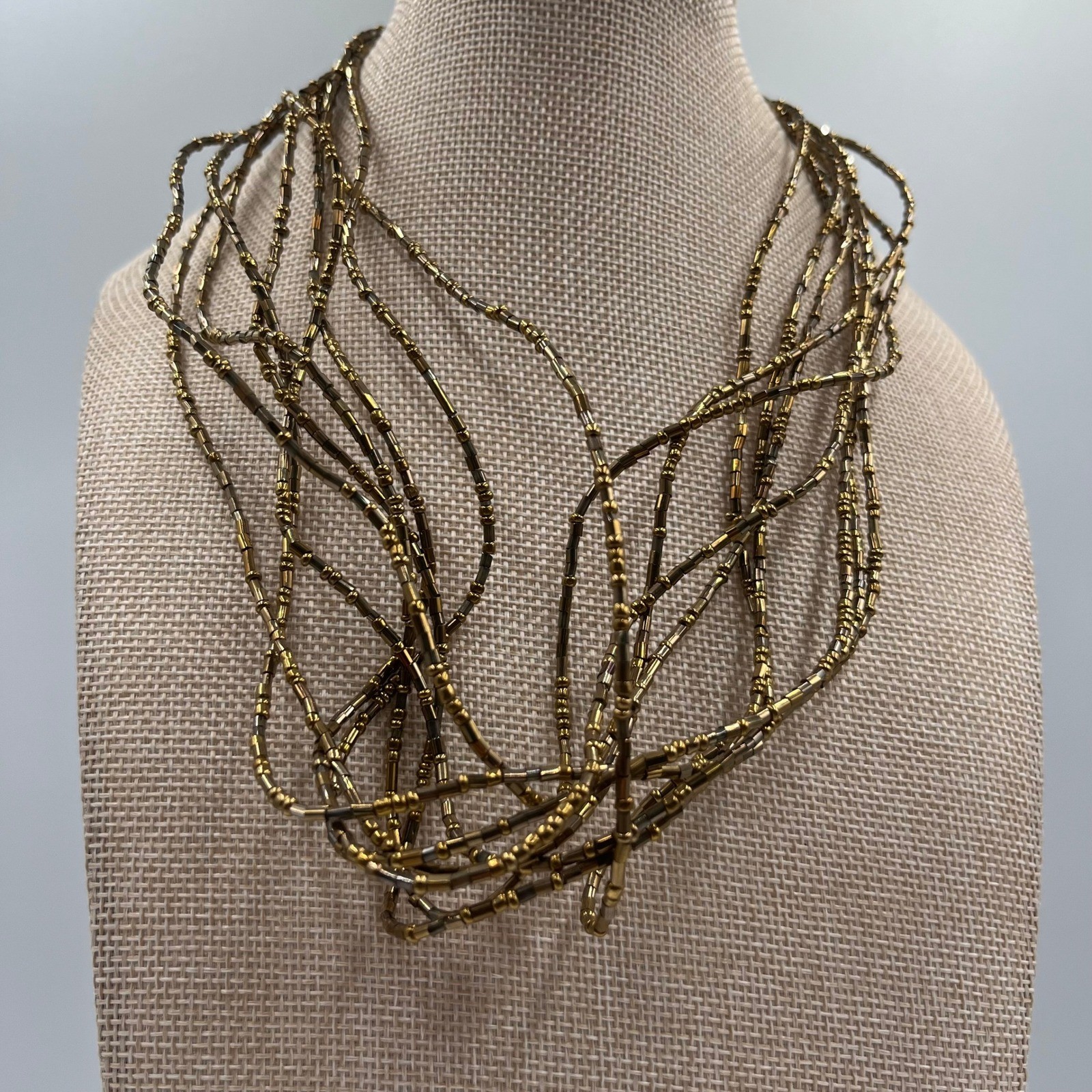 Vintage Gold Tone Multi Strand Seed Beaded Necklace Layered Fringe Statement
