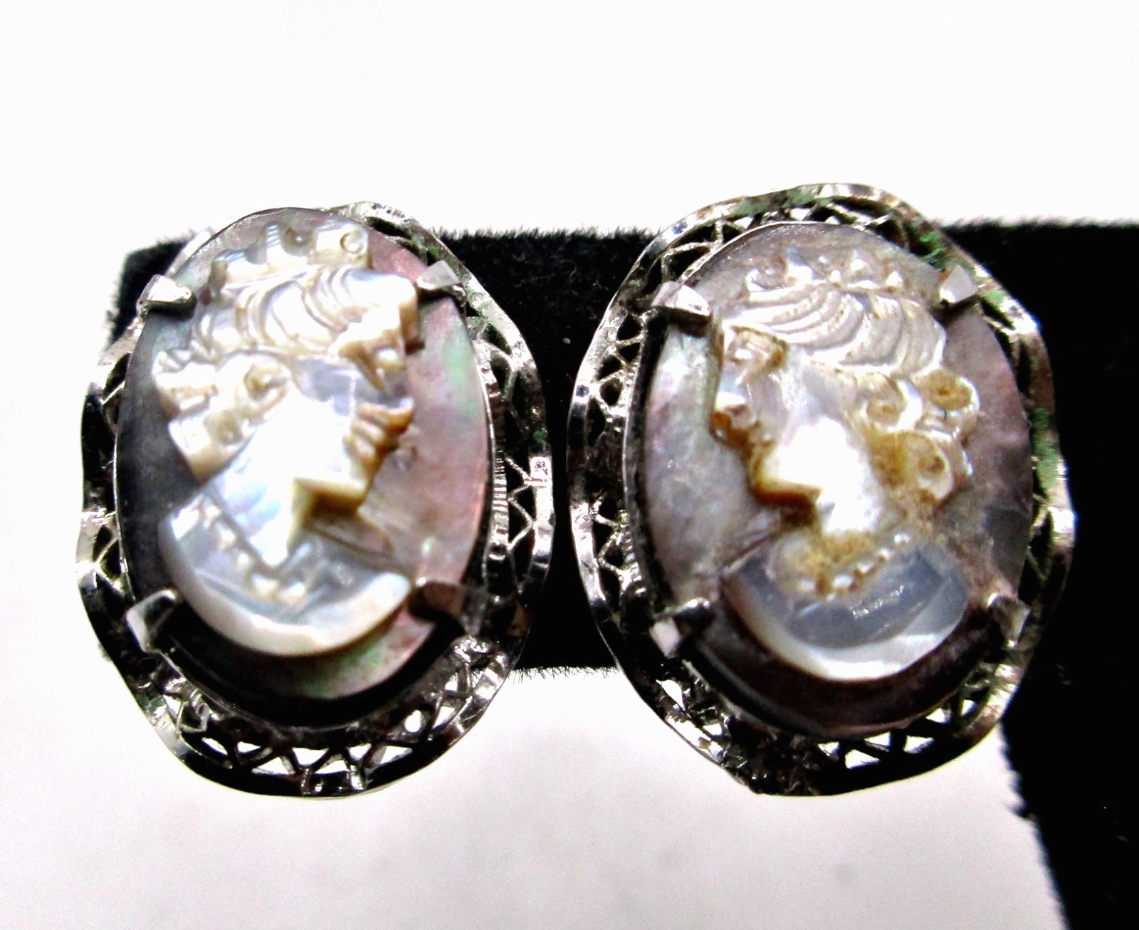 Vintage 1950’s Signed Sorrento AC Sterling Silver Carved Cameo Screw Bk Earrings
