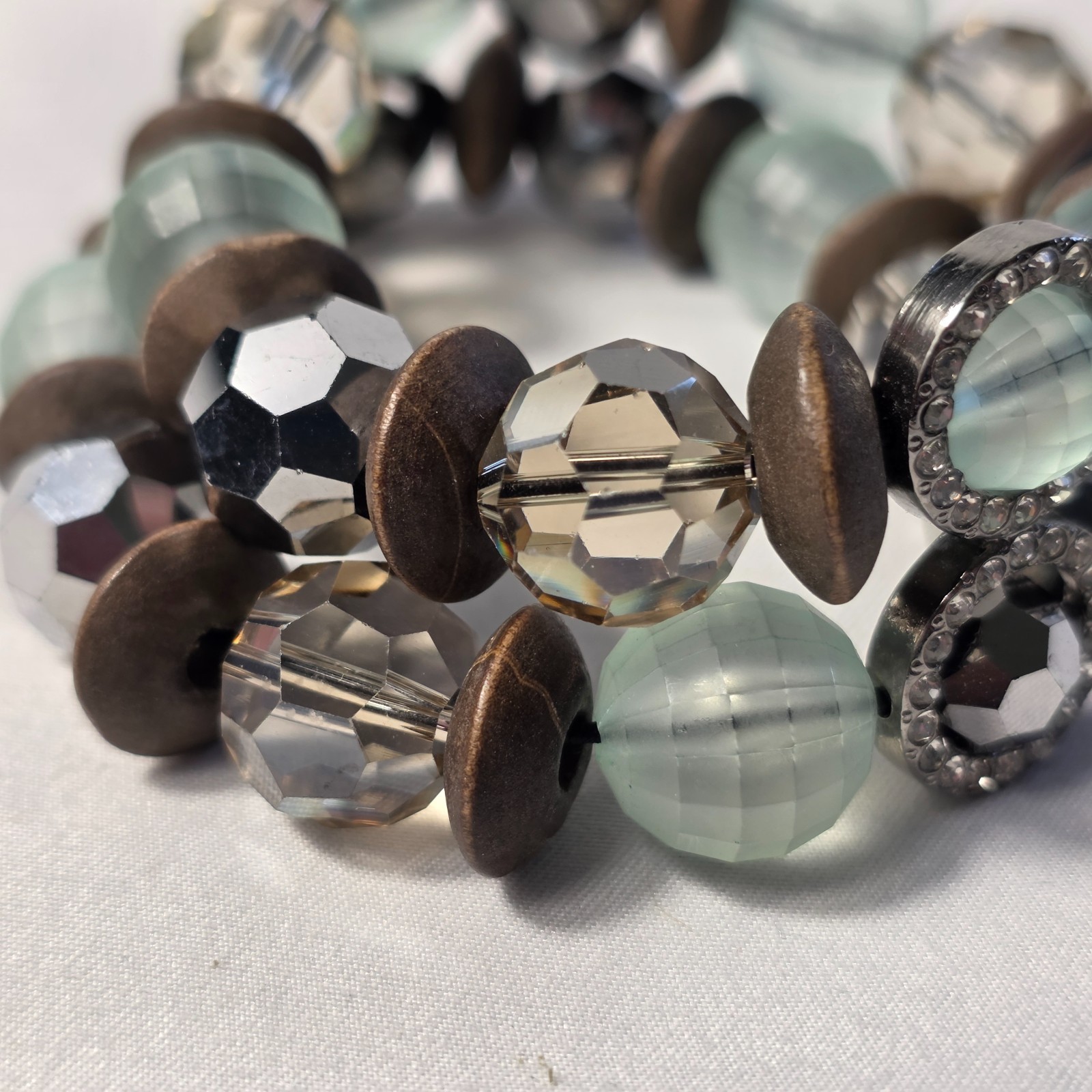 Multi-Layer Chunky Beaded Stretch Bracelet Pale Blue & Clear Faceted Beads