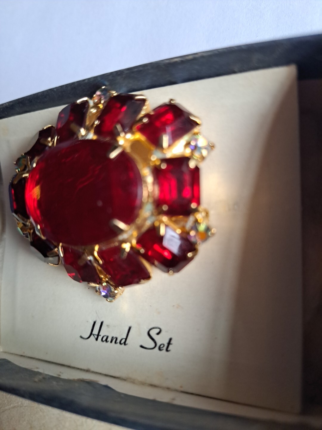 Vintage Czech Goldtone Ruby Art Glass & Faux Opals Pin Brooch Mint In Box