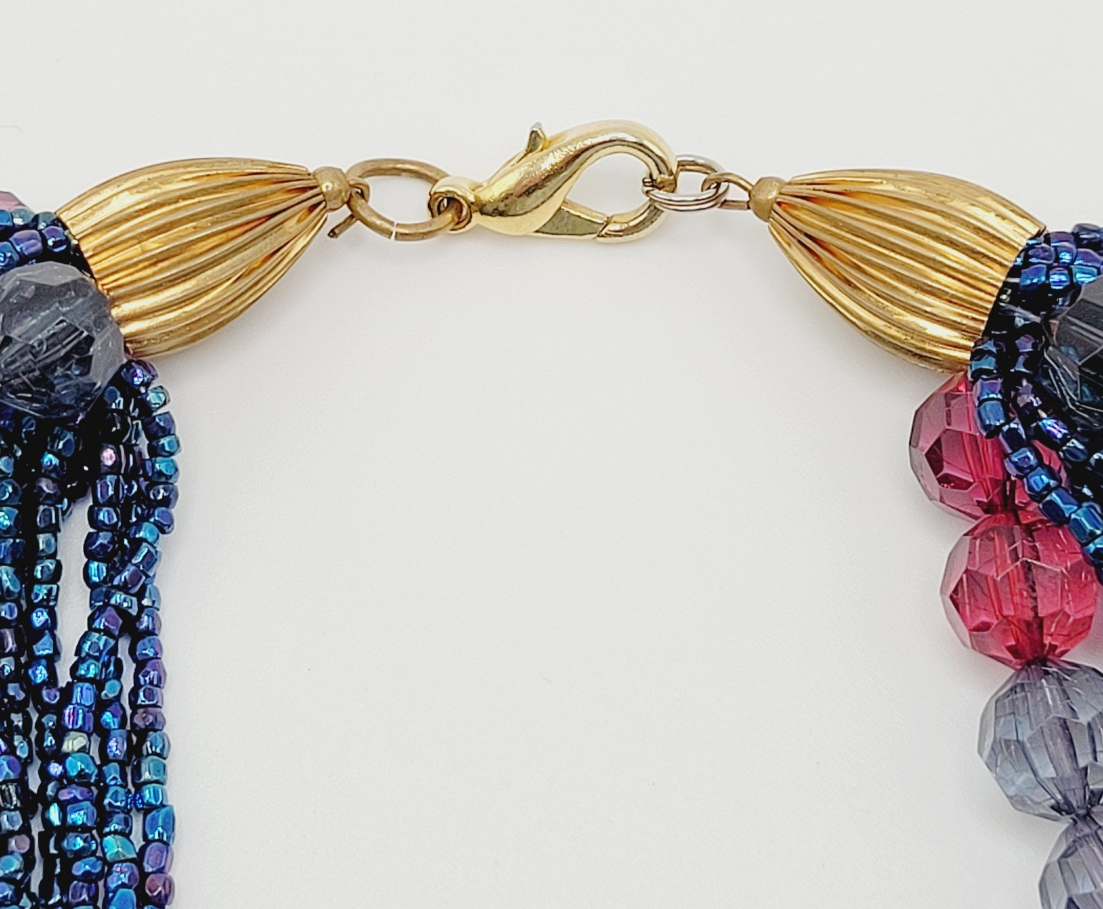Purple and Deep Blue Iridescent Twist Multi Strand Glass Beaded Vintage Necklace