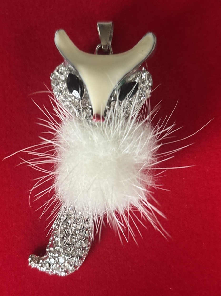 VTG Charming Charlie Fox Pendant Enamel Rhinestone Faux Fur Articulated Tail 3”