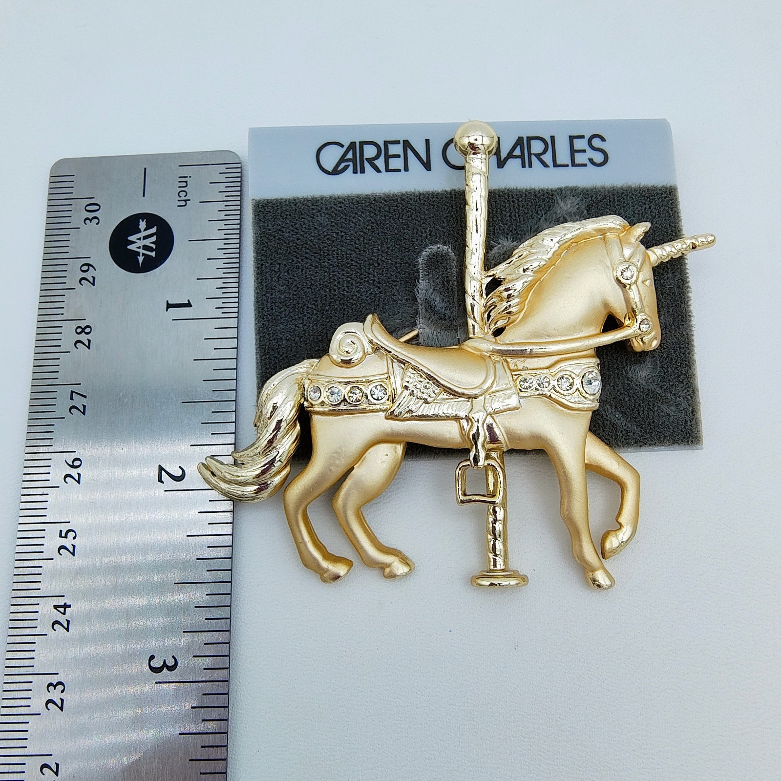 Vintage Caren Charles Unicorn Carousel Horse Brooch Gold Tone Rhinestone Fantasy
