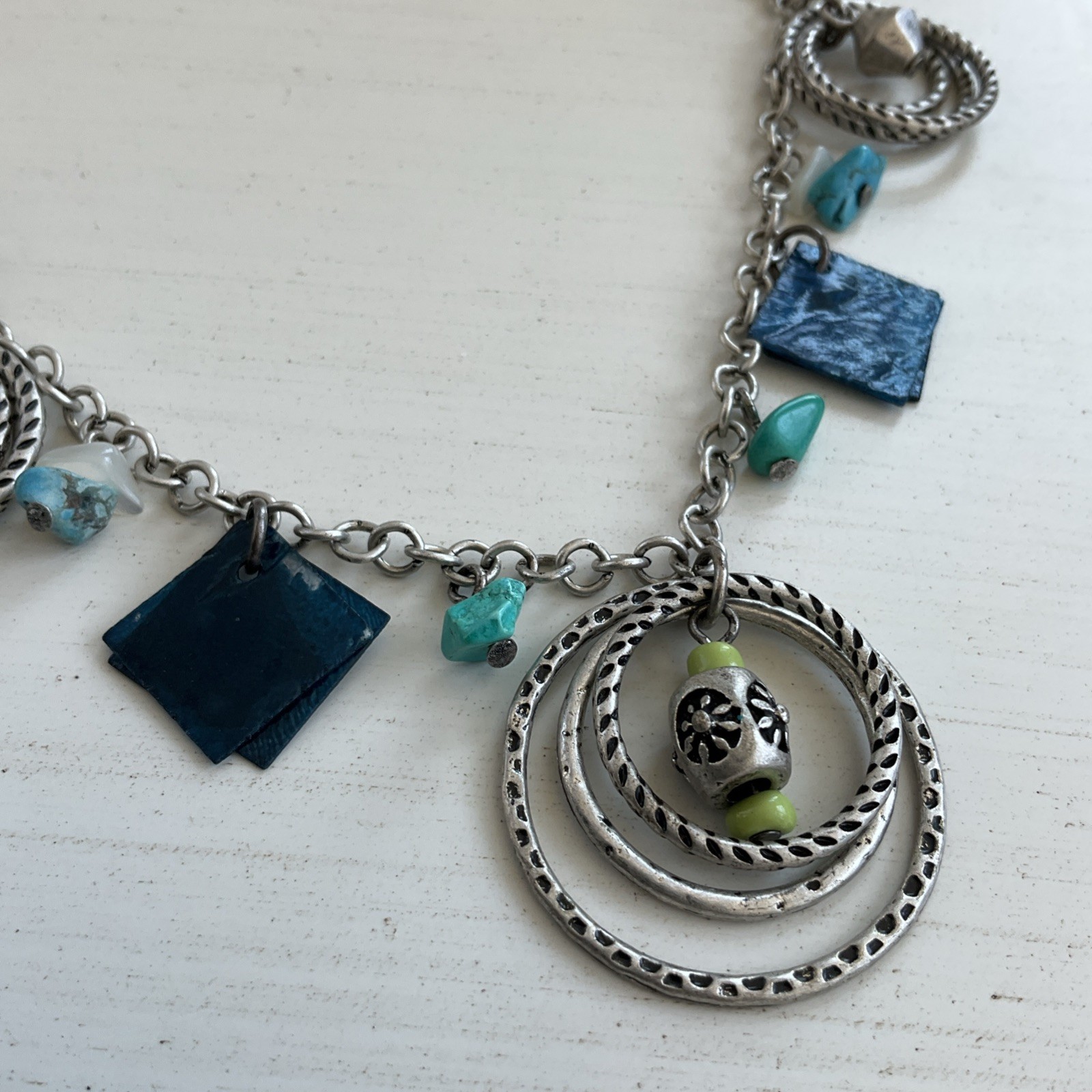 Vintage Women’s Long Dangle Necklace Beaded Blue Shells Green Gypsy Retro