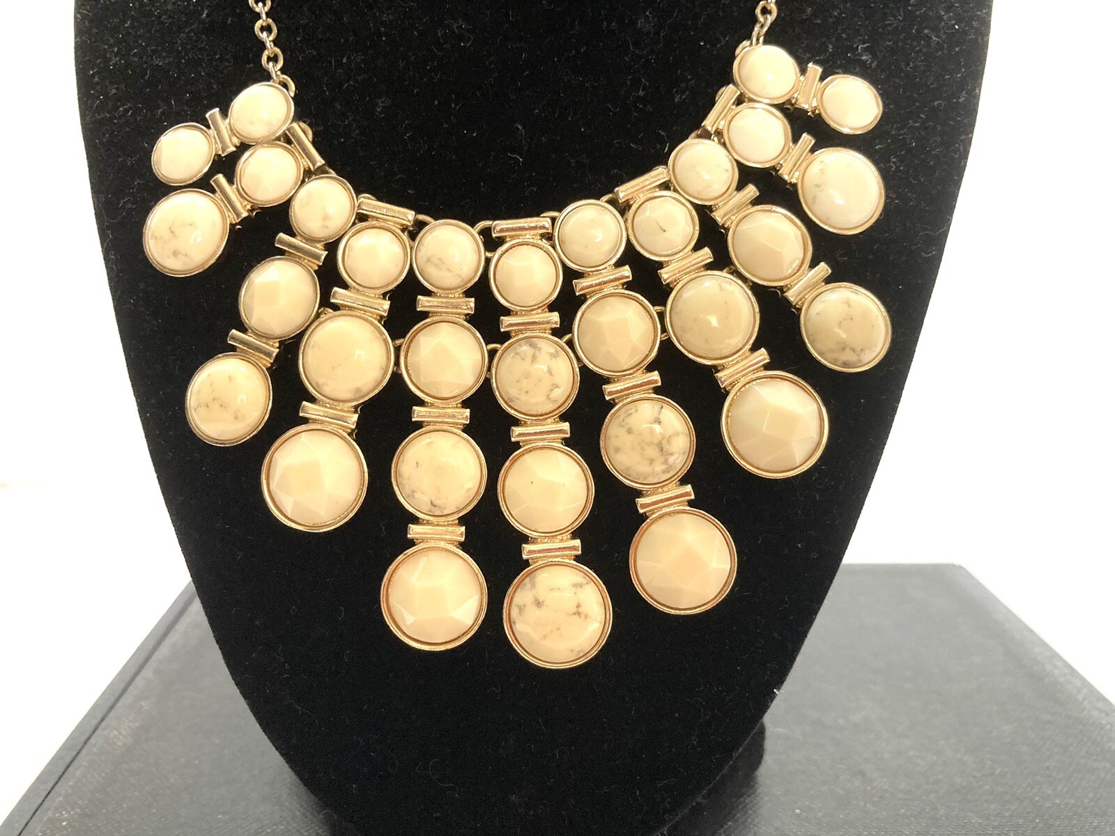 Vintage Crown Trifari Ivory Gold Tone Statement Necklace Crown Charm 90s